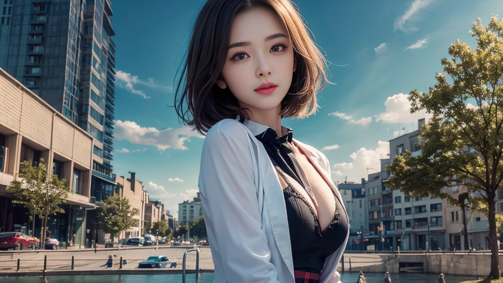 1girl in, Heterochromia, gradation hair:1.5, focal, (abstract theme, Abstract background,)A smile, A MILF, impactful。masterpiece, 1 beautiful girl, Detailed eye, Swollen eyes, top-quality, 超A high resolution, (reality: 1.4), 电影灯光, japanes, a asian beauty, Korea person, very extremely beautiful, Beautiful skins, A slender, Forward-facing body, (A hyper-realistic), (hight resolution), (8K), (ighly detailed), ( Best Illustration), (beautifully detailed eyes), (ultra-detailliert), (wall-paper), 详细的脸, Bright lighting, Professional Lighting, looking at the viewers, Facing straight ahead、A smile、short-hair、Neat and clean clothing、background slightly blurred、Street Trees、Sateen、Hair color is partially bright blue、Birthday、doress、