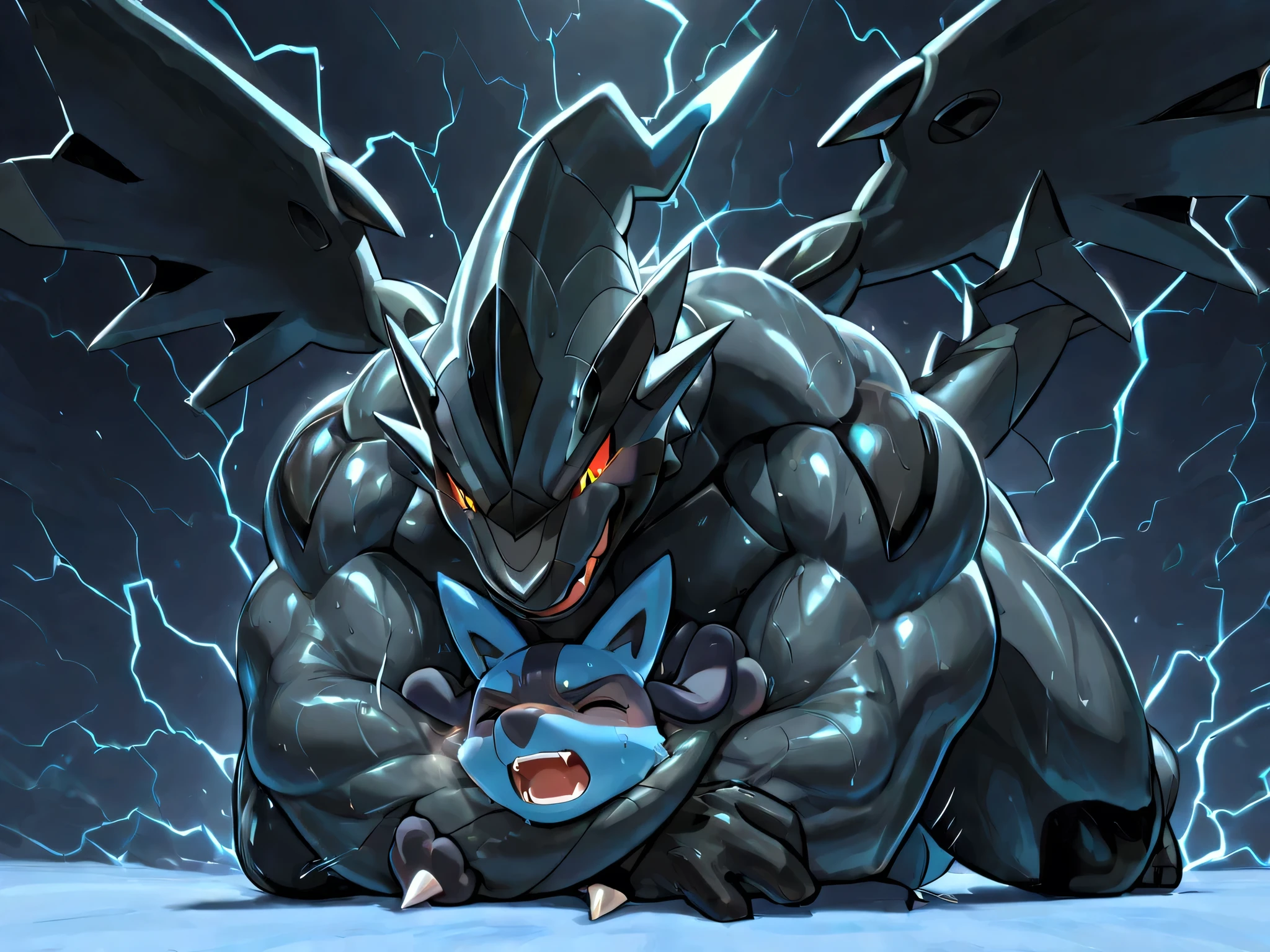 4k ultra quality, 4k full body view,masterpiece quality, large zekrom, small lucario, wrestling,Rear_Naked_Choke, choke_hold,(zekrom is giant bulky muscular, massive strong body, open eyes, evil grin, looking down, erectric shock, thunder body, sweaty, steamy breath,thick arm, tighten arm, choking neck with arm, behind lucario), (lucario is very small build, young, pain, close eyes, open mouth, lying on stomach, arched back, head between arm),motion blur, motion line, break, from below