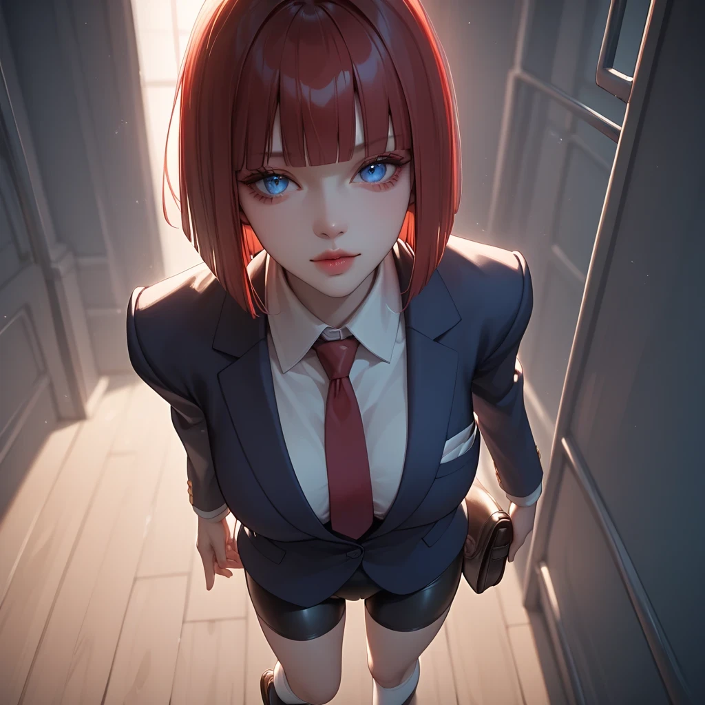 (( black hair))、(red inner hair), best quality 、 Masterpiece、( professional lighting without shadows )、 surreal, charming、 figure like a slender supermodel 、 One Girl , (looking at viewer, looking ahead, from above), (slightly larger breasts), (Bright, beautiful blue eyes , ((hime cut, short hair))),(blazer , (bike shorts ), high socks, loafer), , ( beautiful face squinting in bright light ), Knee High Socks