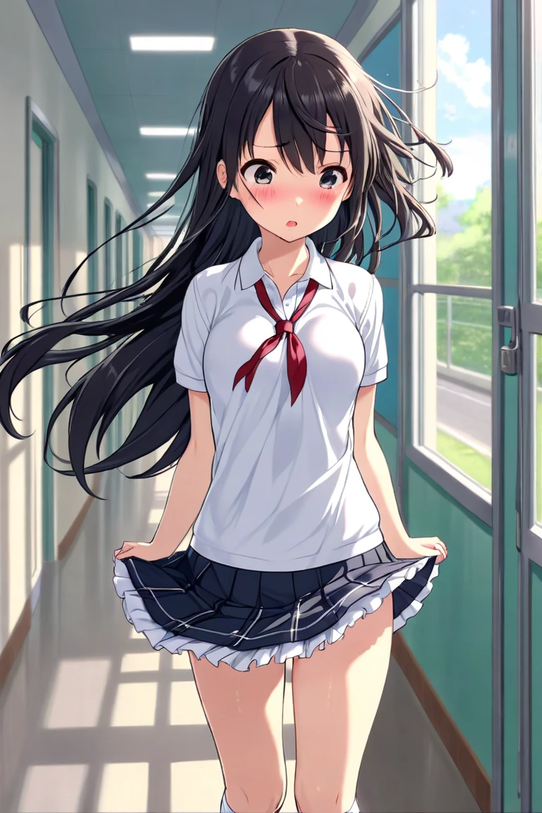 (highest quality:1.2, Anime artwork, Very detailed, High Detail, digital coloring, High Contrast, masterpiece:1.2, highest quality, Best aesthetics), (((kitagawa marin, 1 girl))), Black Hair, Straight long hair, Pink gradient hair, empty eyes, Earrings, White shirt, Black choker, Blue tie, Checked skirt, Pouting, slouch, Are standing, Cowboy Shot, bustling street, lift skirt myself,skirt lift,show panty,panty,lingerie,embrassing,lovestruck