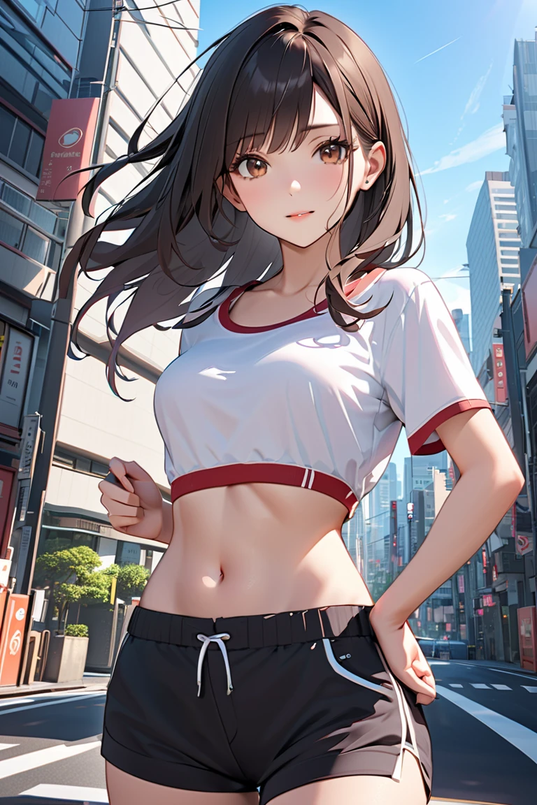 (Best quality, 8k, 32k, Masterpiece, UHD:1.2), kizuna ai, large breasts,long hair, brown hair, multicolored hair, floating hair, pink hairband, pink highlights, streaked hair, smiling, pink sports bra, black jogging pants, navel, road