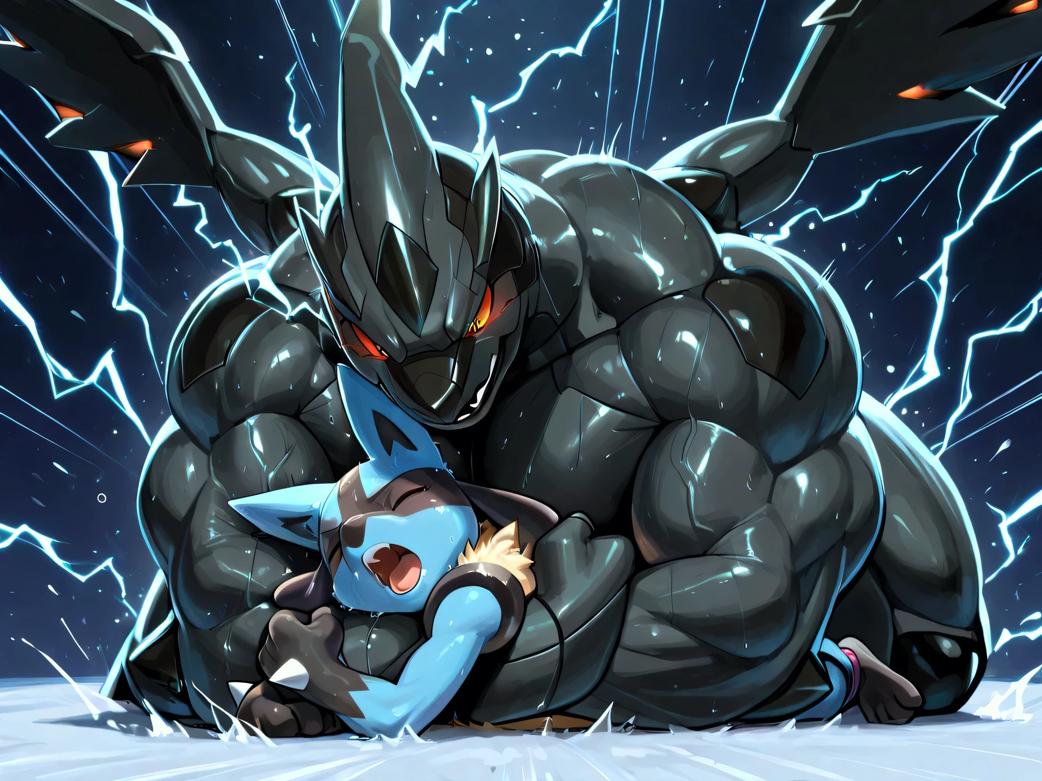 4k ultra quality, 4k full body view,masterpiece quality, large zekrom, small lucario, wrestling,Rear_Naked_Choke, choke_hold,(zekrom is giant bulky muscular, massive strong body, open eyes, evil grin, looking down, erectric shock, thunder body, sweaty, steamy breath,thick arm, tighten arm, choking neck with arm, behind lucario), (lucario is very small build, young, pain, close eyes, open mouth, lying on stomach, arched back, head between arm),motion blur, motion line, break, from below