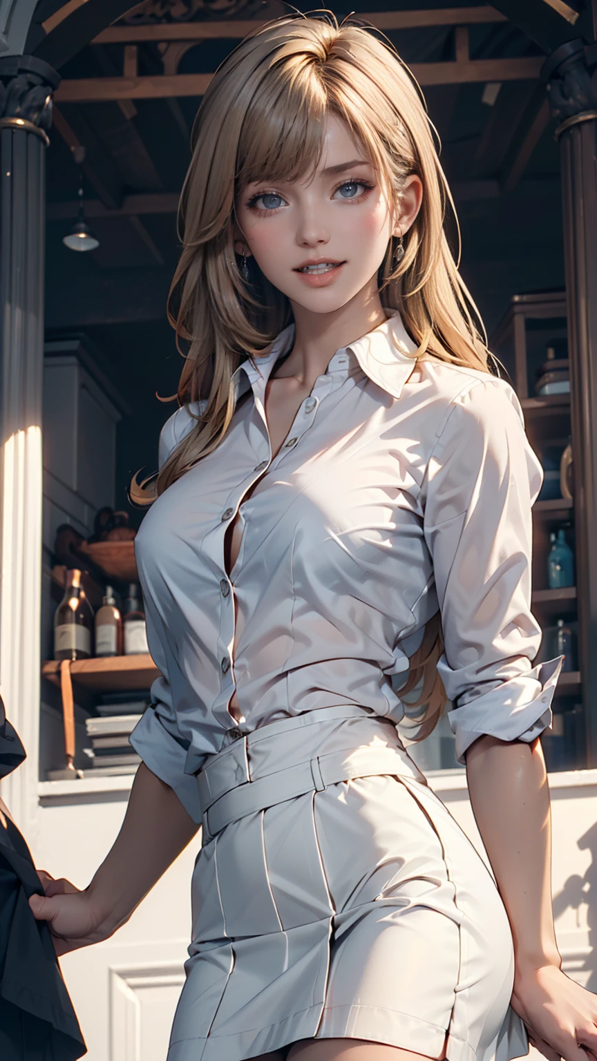 (RAW Photos, 4K, masterpiece, High resolution, Very complex) (Realistic: 1.4), Cinema Lighting, 1 girl, Focus Only, Summer noon, hot, 1990s (style), Denim Lenses, indoor, Short sleeve T-shirt、Sexy proportions、Narrow waist、Erotic female body、Blonde、Silver accessories on the wrist、Realistic shaped breasts(Hanging down due to gravity)Nipple swelling emphasis、smile、