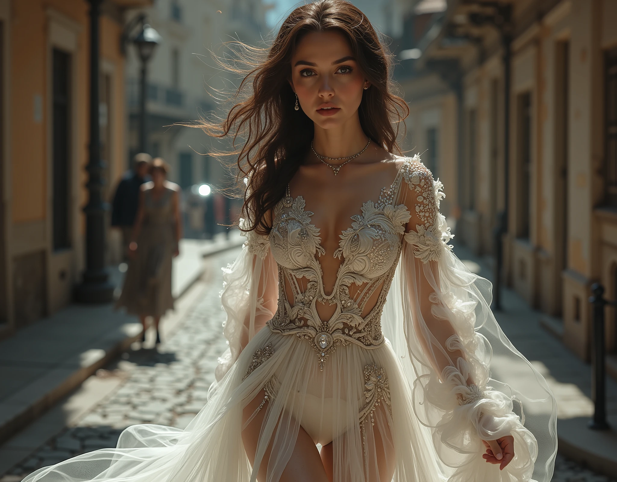 Beautiful Caucasian woman wearing fashionable clothes, walking down the street, wet floor, reflection, best quality, masterpiece, detailed. Her exquisitely detailed body, beautiful and captivating eyes with intricate details, with bokeh effect. The background is blurred, emphasizing the focus on the girl, hyper realistic, intricate design, incredibly detailed, extremely fine details, extremely sharp lines, cinematic lighting, ultra detailed, 8k, UHD, dslr, HDR, warm light, high quality, film grain , Fujifilm XT3, Photorealistic, Masterpiece, Best Quality, Hyper Detailed, Art Print