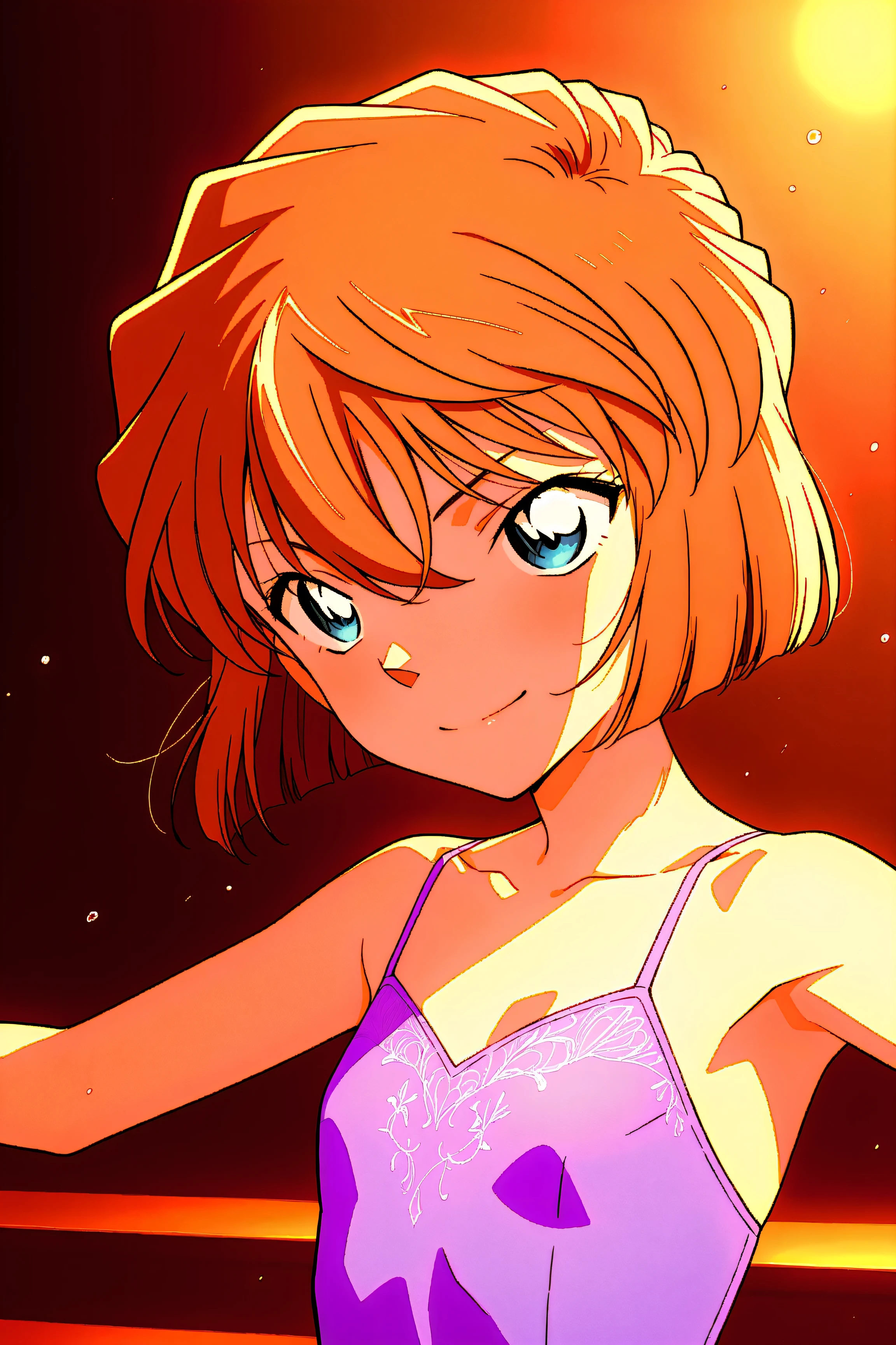 front view,
1girl, upper body, dancing on the stage ,lady, smile,
Best quality, masterpiece, soft light, official art, high quality,highres, absurdres, epic scene, natural textures, haibara ai, short hair, brown hair, blue eyes, hair between eyes, female, at the ballet theatre, sleeveless, lavender ballet dress, flat chest, raising arms