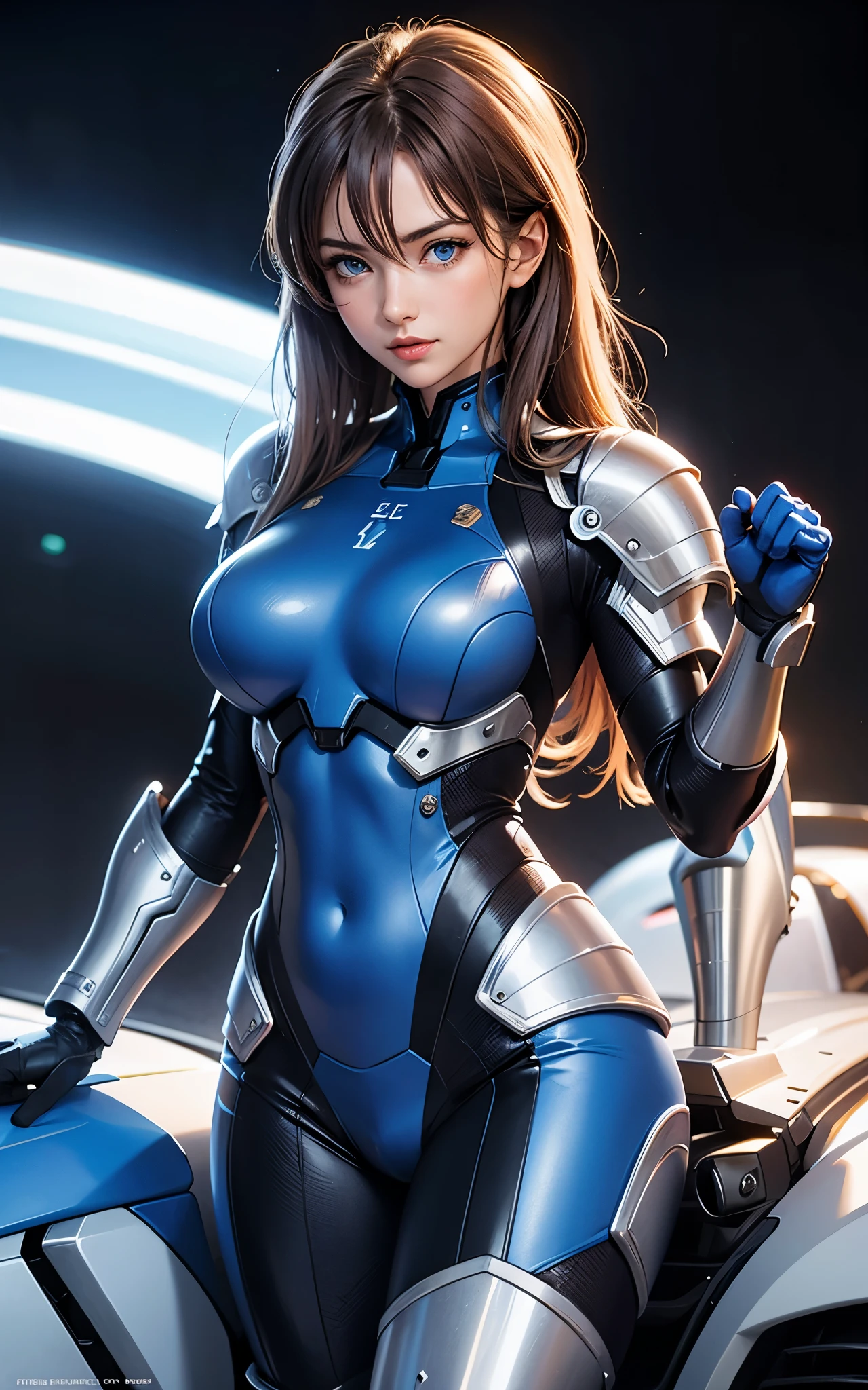 girl, blue eyes, realistic, ultrahigh resolution, large breasts, muv-luv, armored bodysuit, bodysuit