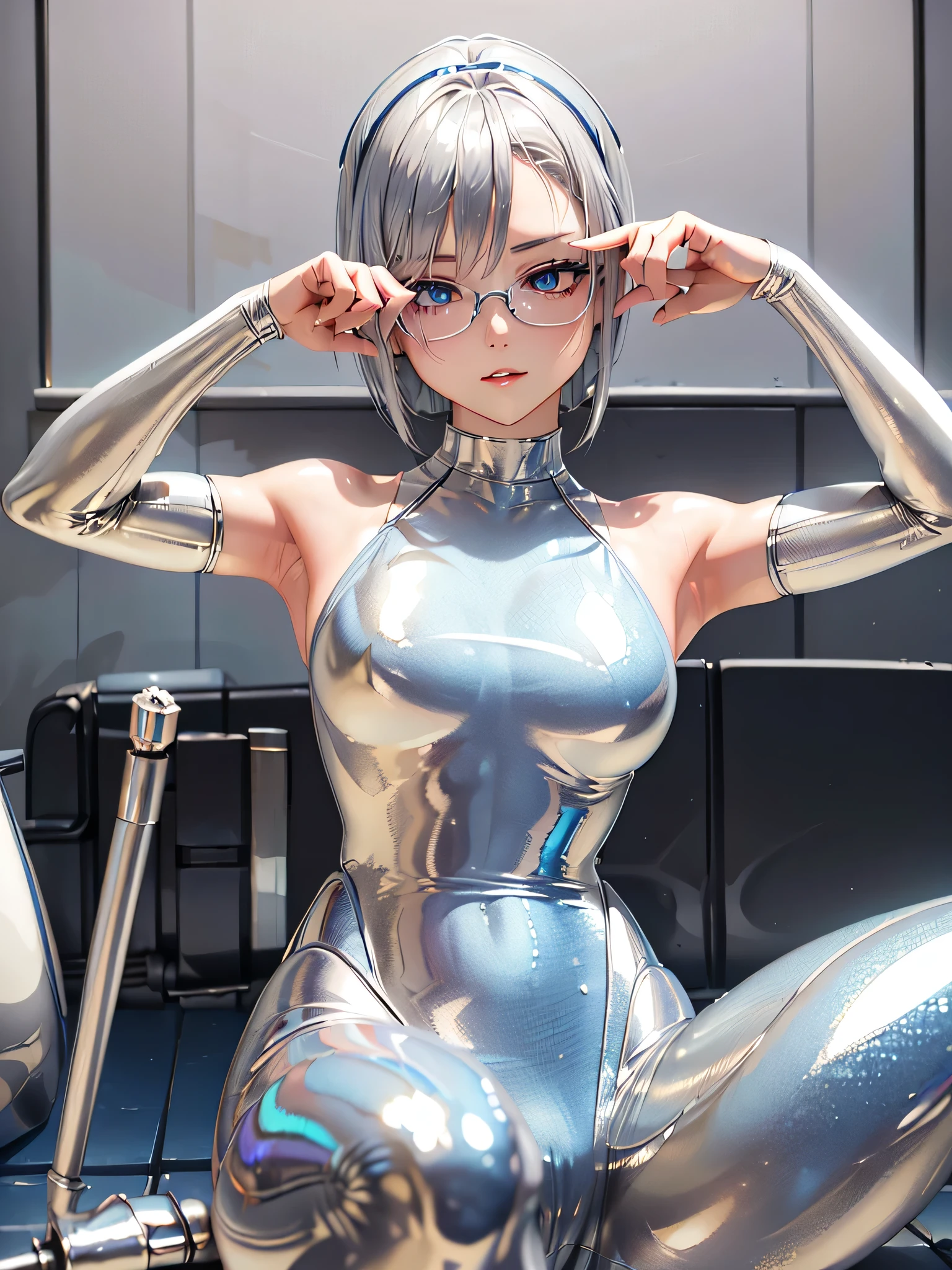 (( top quality)), (( Masterpiece)), ( Details), (8k), (UHD), Close-up、Spread your legs wide、 low angle、 short hair、 blue eyes、 Silver Hair、Glasses、Full body silver metallic enamel suitを着た美女、Full body silver metallic enamel suit