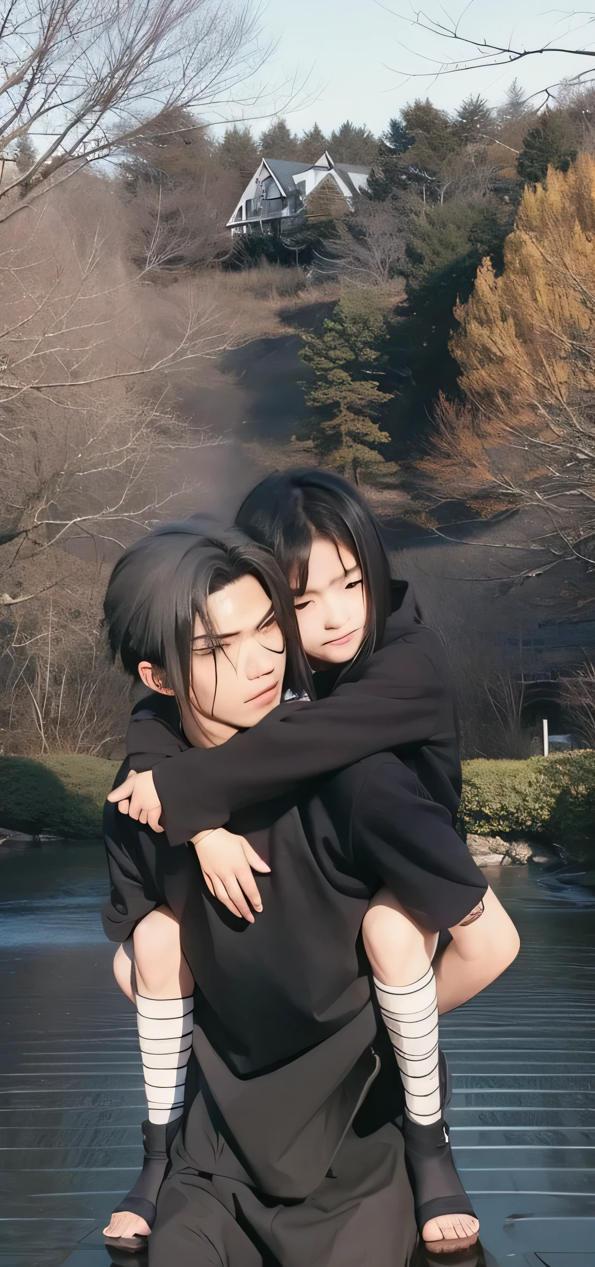 "Create a highly detailed, realistic image of Itachi Uchiha from the Naruto series. He should be shown in a serene wearing his anime dress sarigan active in background environment, with a gentle smile on his face. His eyes should be calm and peaceful, with a hint of sadness. He should be placing his finger on Sasuke's forehead, as if imparting a final lesson or blessing. Itachi's face should be pale and gaunt, with a subtle hint of exhaustion and weariness. The image should be rendered in a muted color palette, with soft lighting and subtle shadows. Focus on capturing the emotional depth and complexity of Itachi's character in this poignant moment."
