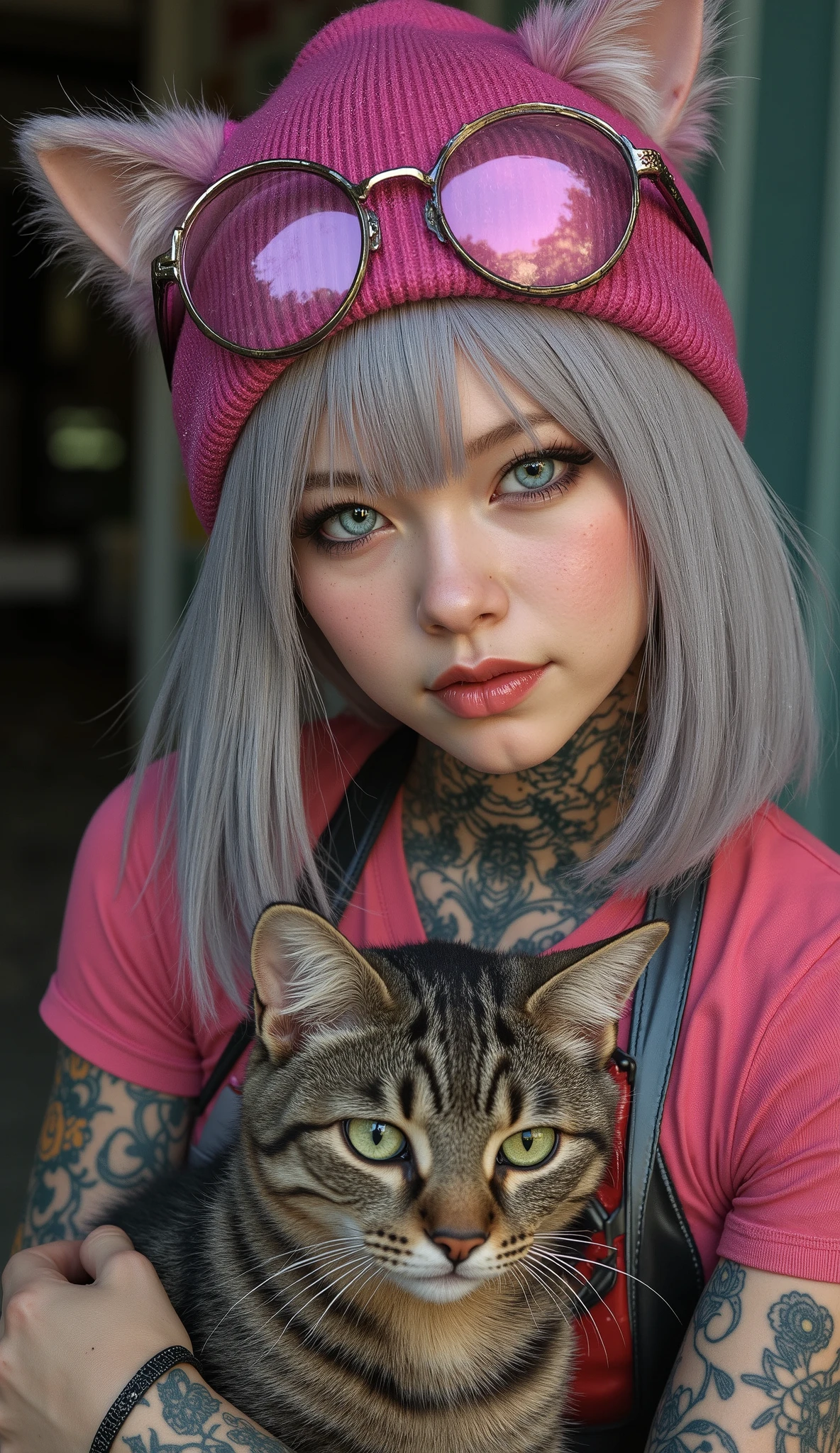 A girl with ash-white hair, aged 20, of European appearance, with expressive features and noticeable freckles. She's wearing a stylized fuchsia beanie hat with cat ears. Large steampunk glasses are worn on top of the hat. Incredibly beautiful almond-shaped eyes of light green color with fluffy eyelashes are arrogantly narrowed. The girl's gaze is directed directly at the viewer. Her lips are plump and sensual, and she wears beige nude lipstick. The chin is slightly raised. There are many beautiful tattoos on the neck, chest and shoulders, mostly in dark colors (blue, black). The girl is wearing a tight-fitting electric-colored T-shirt. She looks haughtily straight at the camera. She also has a red pouch or sling on her chest. In her arms she holds a shaggy gray-red striped cat. The cat looks straight ahead with green eyes. The overall impression is a photorealistic style, fashionable, daring, with detailed images of tattoos and accessories. The color palette is dominated by bright challenging Light falls from the front and right, highlighting the details and texture of skin, hair and tattoos, creating a clear three-dimensional space. The girl is in the center of the frame, and the cat is in the center of the left part of the frame. The composition focuses on the girl's face and her interaction with the cat.Hyperrealistic anime, guweiz-style illustrations, guweiz, curvy anime girl, author Yang Jay, Yangjun Cheng, realistic art style, impressive digital illustration , ross drawings 1 . 0, impressive art style , in the style of Guweiz ,quality\(8K, extremely detailed CG unit wallpaper , High resoluti inspired by Yangjun Cheng, Guweiz on ArtStation bangs, Guweiz bangs on Artstation, trend on cgstation, violent Korean gothic girl, Chiaroscuro, Cinematic lighting, Fujicolor, UHD and Retina, Masterpiece, Accurate, Anatomically correct, textured skin, Super detail, High quality, Award-winning, best quality, high resolution, 1080p resolution, high definition, 16K