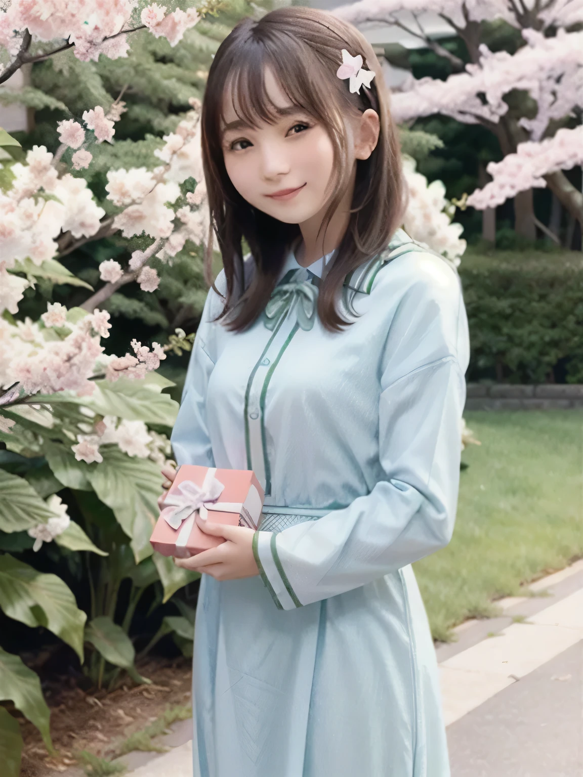 A stunningly beautiful 20-year-old woman stands in a lush green park full of cherry blossoms in full bloom under a clear blue sky. She is wearing a classic sailor uniform and holds a neatly wrapped gift box with a red ribbon in both hands in front of her chest. The box is small, wrapped in decorative paper, and tied with a bow. She looks very happy, with a radiant and joyful expression.A stunningly beautiful 20-year-old woman stands in a lush green park full of cherry blossoms in full bloom under a clear blue sky. She is wearing a classic sailor uniform and holds a neatly wrapped gift box with a red ribbon in both hands in front of her chest. The box is small, wrapped in decorative paper, and tied with a bow. She looks very happy, with a radiant and joyful expression. , ( small boobs), ( medium hair ), brown hair。