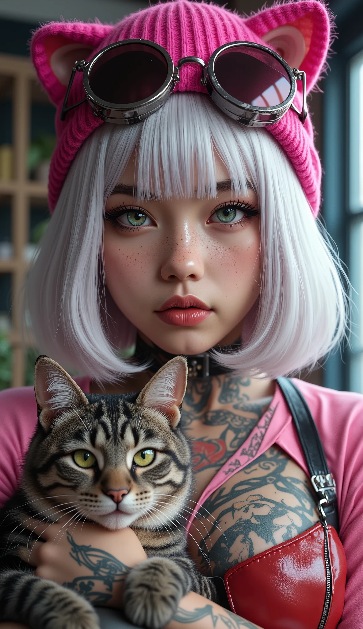 A girl with ash-white hair, aged 20, of European appearance, with expressive features and noticeable freckles. She's wearing a stylized fuchsia beanie hat with cat ears. Large steampunk glasses are worn on top of the hat. Incredibly beautiful almond-shaped eyes of light green color with fluffy eyelashes are arrogantly narrowed. The girl's gaze is directed directly at the viewer. Her lips are plump and sensual, and she wears beige nude lipstick. The chin is slightly raised. There are many beautiful tattoos on the neck, chest and shoulders, mostly in dark colors (blue, black). The girl is wearing a tight-fitting electric-colored T-shirt. She looks haughtily straight at the camera. She also has a red pouch or sling on her chest. In her arms she holds a shaggy gray-red striped cat. The cat looks straight ahead with green eyes. The overall impression is a photorealistic style, fashionable, daring, with detailed images of tattoos and accessories. The color palette is dominated by bright challenging Light falls from the front and right, highlighting the details and texture of skin, hair and tattoos, creating a clear three-dimensional space. The girl is in the center of the frame, and the cat is in the center of the left part of the frame. The composition focuses on the girl's face and her interaction with the cat.Hyperrealistic anime, guweiz-style illustrations, guweiz, curvy anime girl, author Yang Jay, Yangjun Cheng, realistic art style, impressive digital illustration , ross drawings 1 . 0, impressive art style , in the style of Guweiz ,quality\(8K, extremely detailed CG unit wallpaper , High resoluti inspired by Yangjun Cheng, Guweiz on ArtStation bangs, Guweiz bangs on Artstation, trend on cgstation, violent Korean gothic girl, Chiaroscuro, Cinematic lighting, Fujicolor, UHD and Retina, Masterpiece, Accurate, Anatomically correct, textured skin, Super detail, High quality, Award-winning, best quality, high resolution, 1080p resolution, high definition, 16K