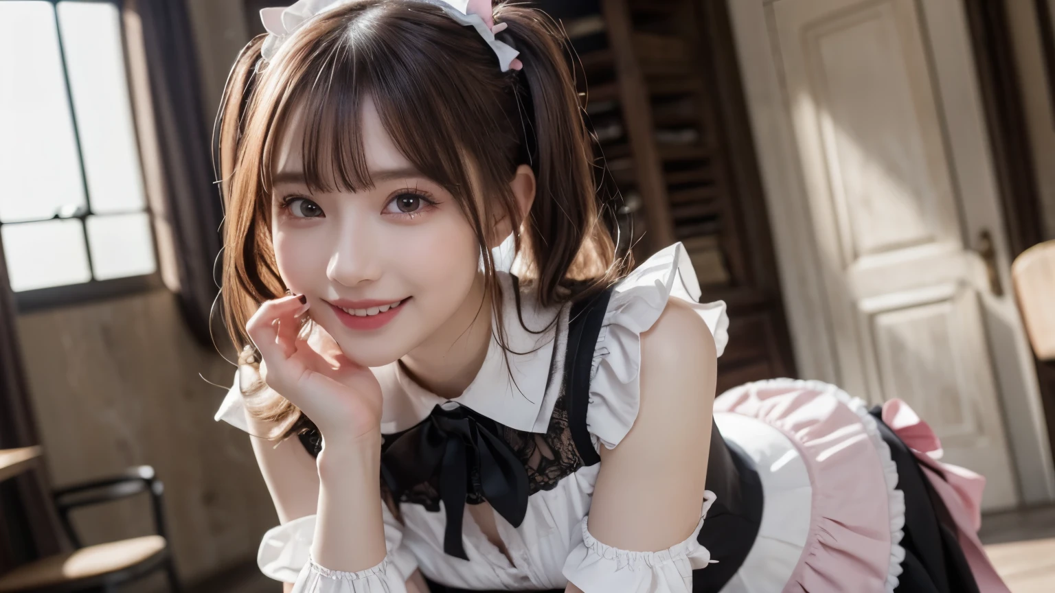 in a maid-concept cafe, cute and vivid decorations on the walls, sunshine, get to feed a big chocolate pie, maid, servant, wearing pink warm fluffy gothic ta fashion, mouth wide open, big smile, pampered expression, lovey-dovey, pale pink and pale yellow hair, twin tails hairstyle, twisted bangs, hair is shaggy and dishevelled, glamorous figure, exposed shoulder, leaning forward, beautiful white-colored translucent skin, vivid makeup, {photorealistic}, {4K resolution}, {cinematic}, {dramatic}