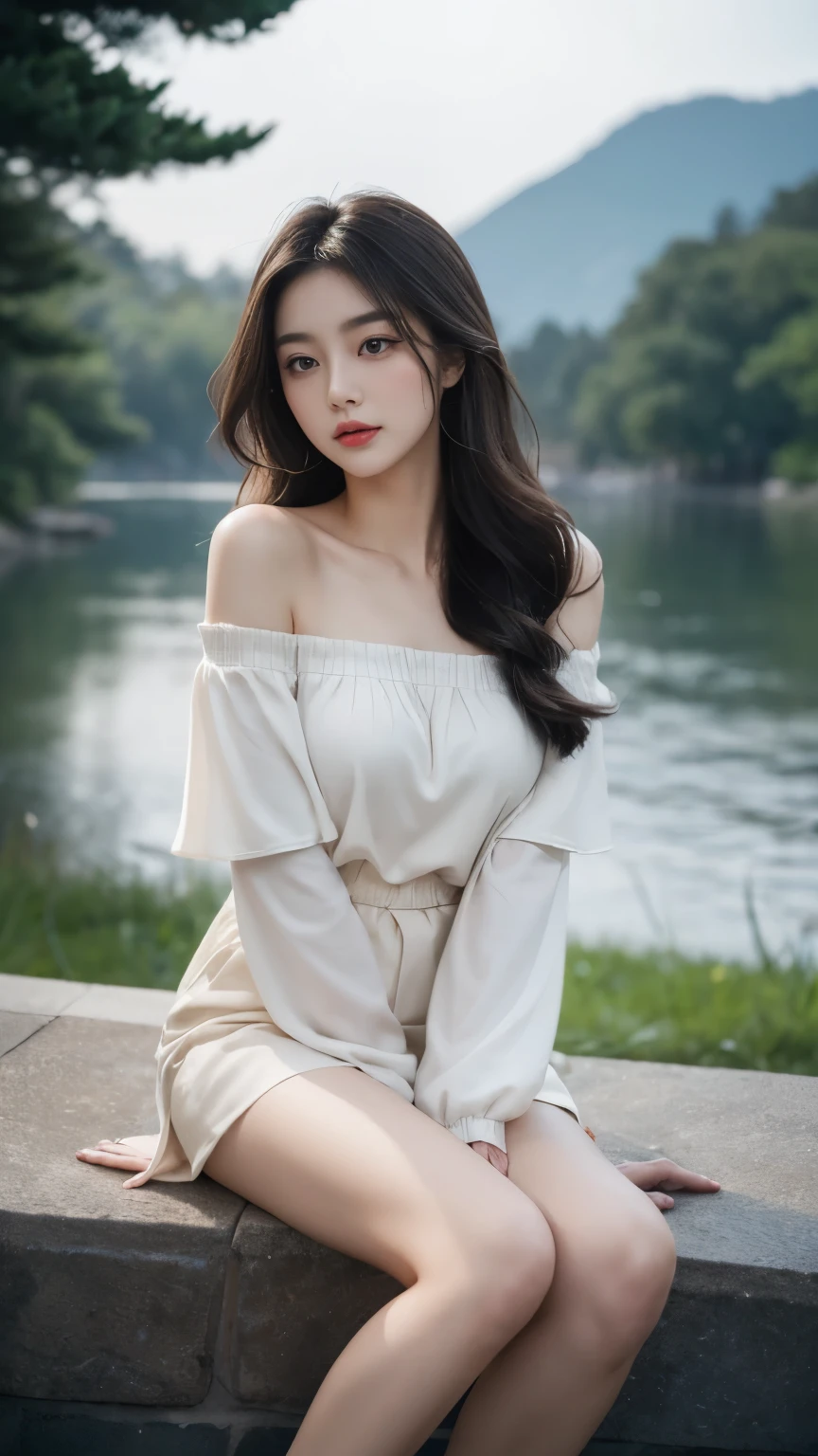 Masterpiece, high quality, high realism, an elegant woman, solo, beautiful face, big eyes, long eyelashes, double eyelids, light makeup, collarbone chain, earrings, sitting on a bench in the city park, attractive pose, off-the-shoulder, printed skirt, fair skin, thin clothes, micro abs, 8K HD quality, blurred background, depth of field, symmetry in the center