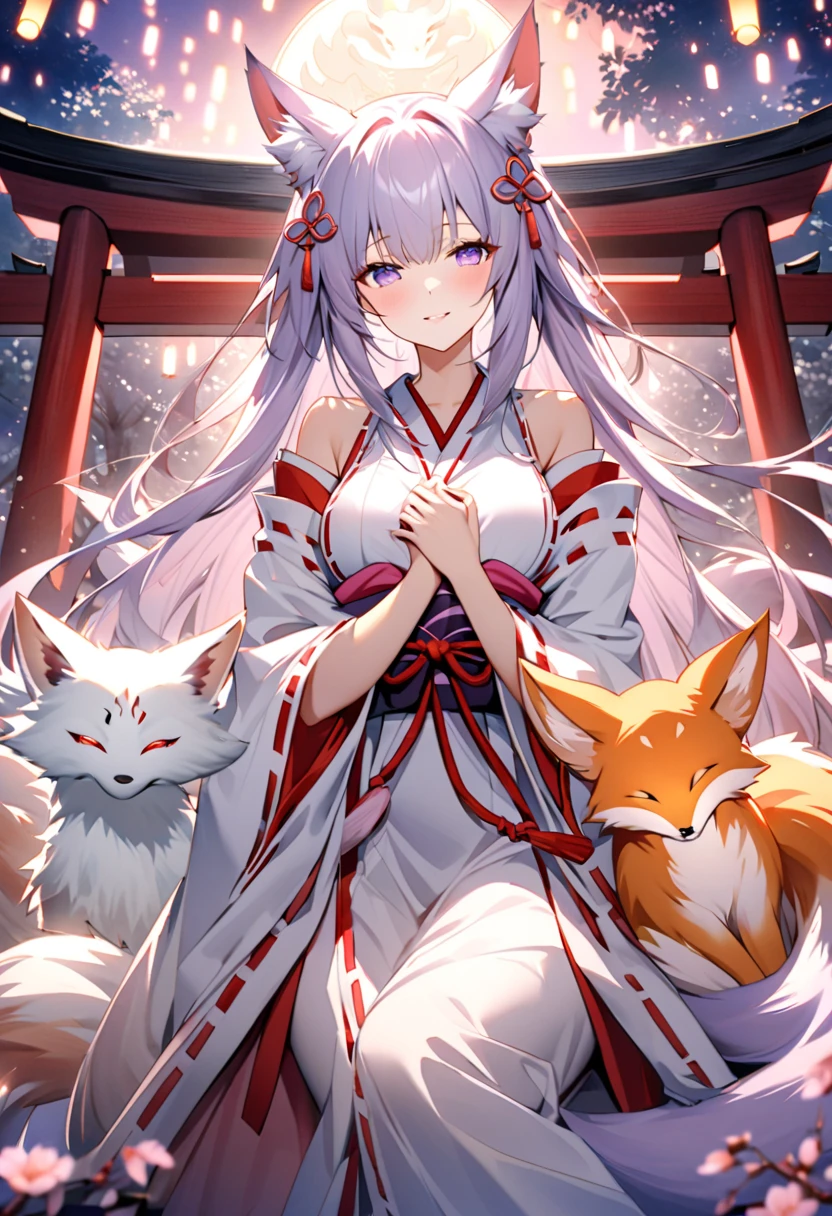 The Embrace of a Shrine Maiden and a Demon Fox, Create a serene watercolor image featuring a gentle night scene at a traditional shrine, The scene showcases a joyful miko (Shinto shrine maiden) hugging a mystical fox spirit (Fox) under the moonlight, The miko's expression is one of innocent delight as she embraces the fox conveying a deep sense of trust and affection, The fox spirit lovingly wraps its tail around the miko with their forms illuminated by softly glowing lanterns, The backdrop includes a tranquil shrine with delicate cherry blossoms and fireflies create a magical atmosphere around them, The color palette should include very pale red white and purple to enhance the calming and healing ambiance, The overall style should be soft and ethereal capturing the gentle emotions shared between the miko and the fox spirit,kimono,snake,fox,