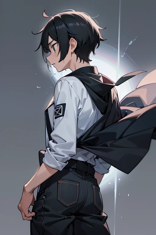 A teenage male with very white skin, black hair with blue streaks on one side and a tender face wearing a white shirt that reaches his abdomen, wearing a black skirt and big thighs.