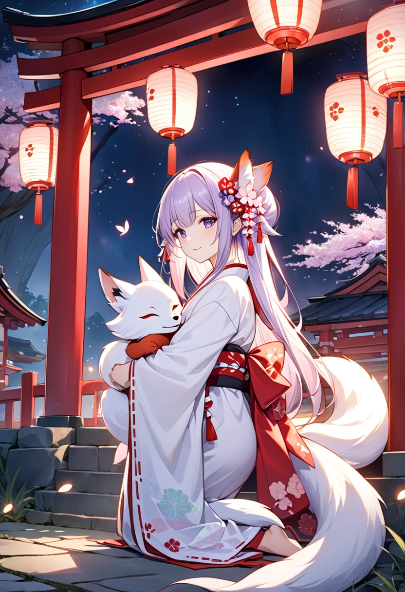 1girl, fox, fox girl, red body, red fur, vixen, kitsune, anthro, furry, female, beautiful, hot, sexy, cute, elegant, mysterious, very long elongated fox snout, long and elegant fox tail, fox paws for hands, smiling, smile, japanese clothes, white hair, purple eyes, magic circle, blue fire, blue flames, wallpaper, landscape, depth of field, night, light particles, light rays, side lighting, thighs, fate \(series\), genshin impact, skirt, thigh highs, outside of a Japanese shrine, green high grass, cherry blossom tree, night, side view, lying on stomach, arched back, gazing at viewer with side eye