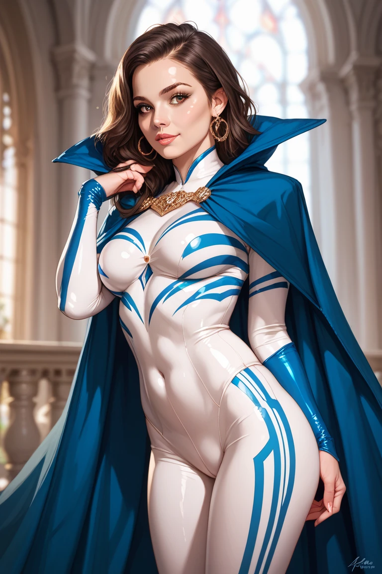 (masterpiece、best quality、Maximum resolution、Clear_image、details): (Full body picture、15-year-old girl、Japanese face、Small face、Thin、Navy Blue Super Short Bob Hairstyle、blue eyes、((Navy long sleeve space suit、Space Helmet))、earphone、Cosmic Tote Bag、Cute、Gentle smile、Soft expression、earphone、(((Knee-high boots)))、Gloves to elbows、Eye level shot、Directly face、Woman on a spaceship), (((Camel toe))), ((Plain white tights))