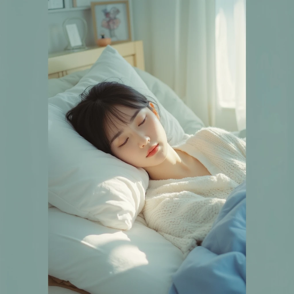 work of art, highest quallity, twelve, 1 girl, eyes locked, sleeping, detailed outfit, earbuds, room, natta, window open, cinematic lighting, photorealisitic, 8K, hyper detailled, details Intricate, (best qualityer:1.2), (realisitic:1.37), (work of art:1.2)