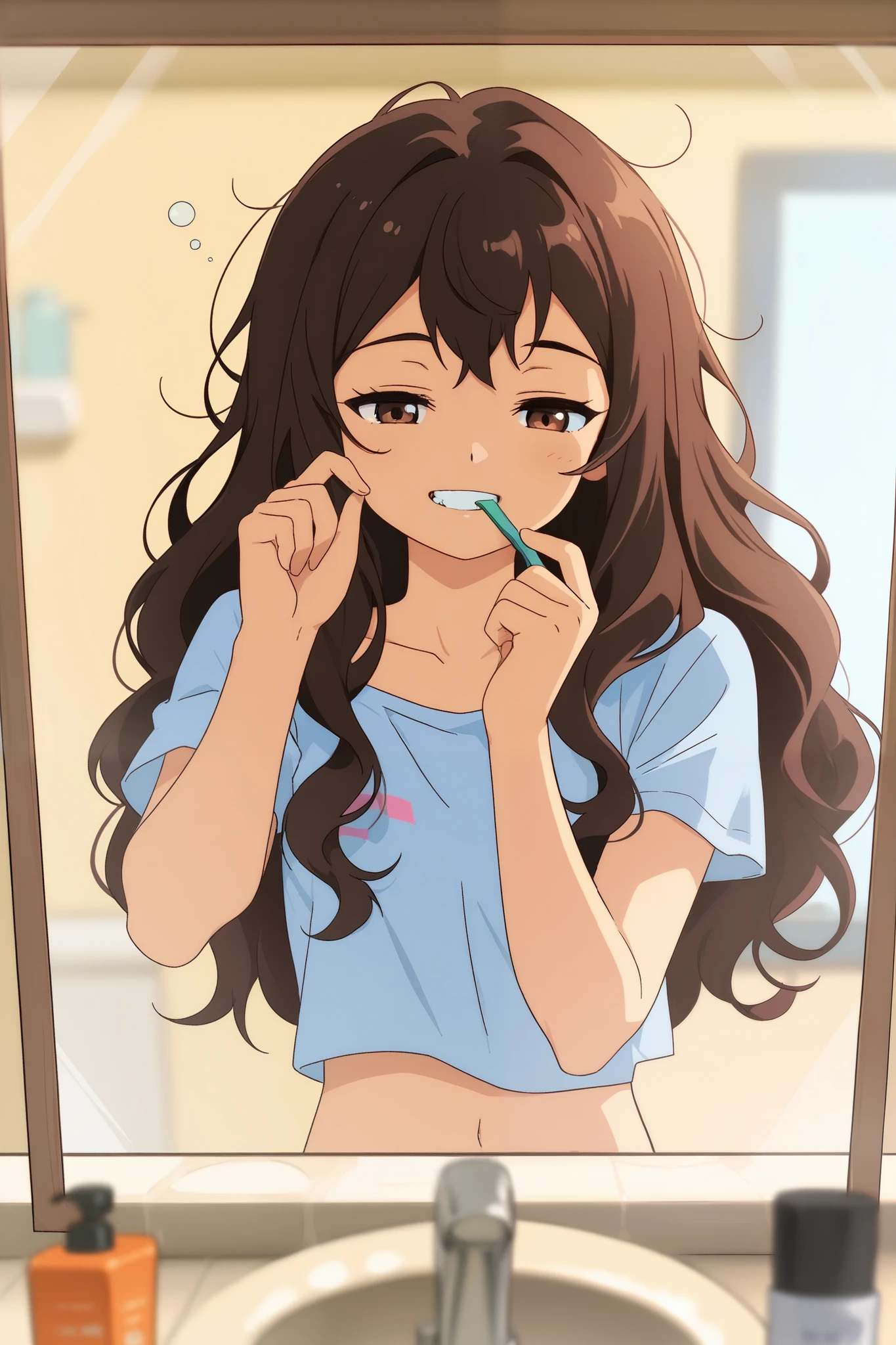 Masterpiece, Best Quality, UHD, Light Smile, 1girl, solo, Brown Hair, Wavy Hair, Hazel Eyes, Anime Style, Victoria justice brushing her teeth, Depth Of Field, slim body, bathroom, mirror pov, sleepy face