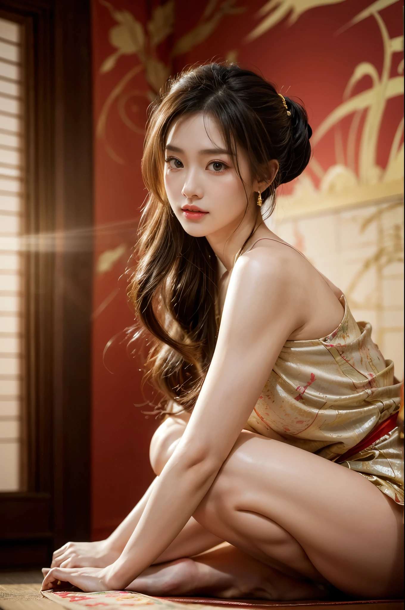 Thai woman sitting in front of mirror wearing traditional clothes. Artwork by Rennovls 2 amidst dynamically interesting cameras. Among the Thai New Year decorations Various flowers and cosmetics Scattered on the ground and debris. beautiful, realistic details, studio lighting.