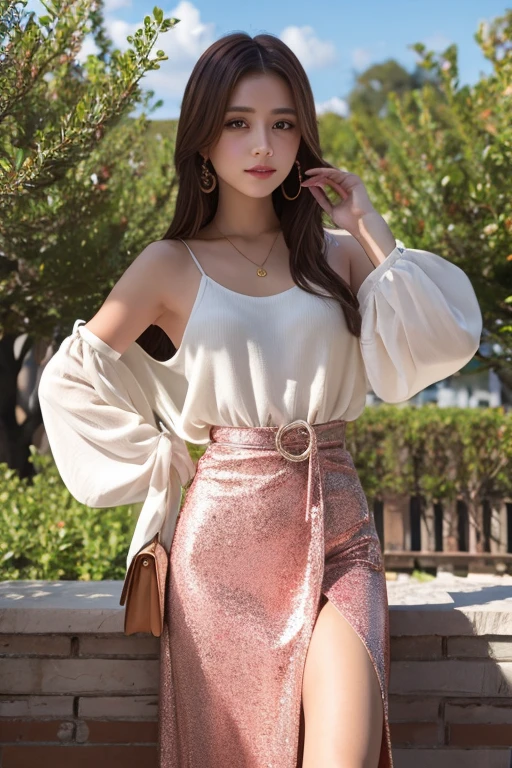 8k, masterpiece, RAW photo, best quality, photorealistic, extremely detailed CG unity 8k wallpaper, Depth of field, Cinematic Light, Lens Flare, Ray tracing, (extremely beautiful face, beautiful lips, beautiful eyes), intricate detail face, ((ultra detailed skin)) 1girl, in the dark, deep shadow, pretty korean girl, kpop idol, 1 girl, (very slim slender fit-muscled body:1.3), ((looking at viewer)),(big smile:1.3), (tight laced blouse), (hot pink color blouse), (sleeveless) , (fashion city night, dark night, (neon sign), (blurred background), fashion street night),(without people in the background:1.3), beautiful earrings, bracelets, necklace, pantyhose, clear eyes, walking, (pale skin), (big eyes), face forward, ((upper body shot)), ((silk skirt:1.3)),(brown hairs),((tight fitting laced skirt)), (see through), (looking at viewer:1.3) open breast, very slim, thick thighs, big breasts, hermes bag , turning back, back shot