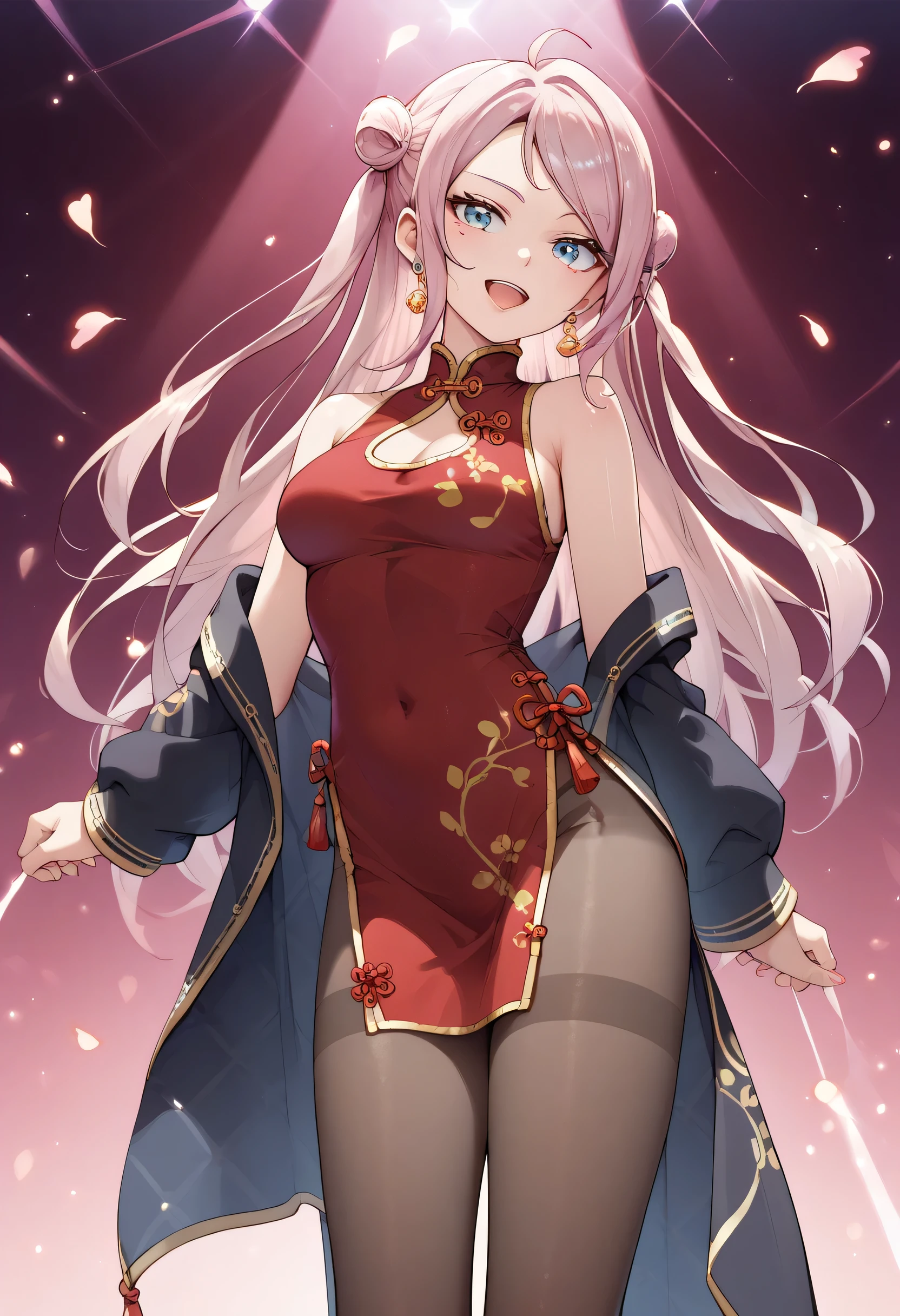  An image of Lanzhu Zhong with pink hair wearing a Chinese dress with lace tights with medium breasts and medium waist with long legs, She's singing on stage in a sexy way.