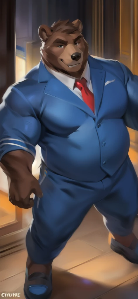 Bowser, beard, daddy, seductor, mirando al espectador, smirk, (white and red polka dots pattern oversized long loose boxers:1.3), (white shirt, tie, black socks:1.3) (posing) macho, masculine, male focus, chubby, fat, de cerca, standing, frontal view, full body, office, sitting office chair