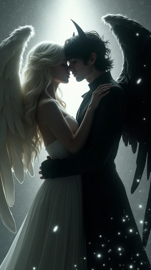 A anime angel woman in a black dress standing in front of a guy with vibrant colors