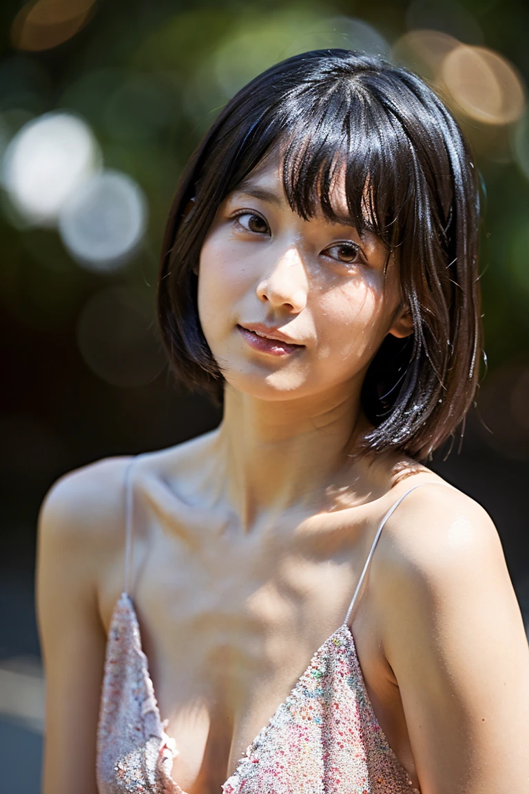 最high quality, In 8K, Masseter muscle area, Lifelike, Sharp focus, high quality, High resolution, Detailed face, Detailed eyes, Thick lips, Background Blur, solo, Middle-aged women, , 55 years old, , Wavy Hair, Cleavage, Wearing a plain short-sleeved knit, Afternoon in front of the park garden, Wrinkles around the eyes, Toothy smile