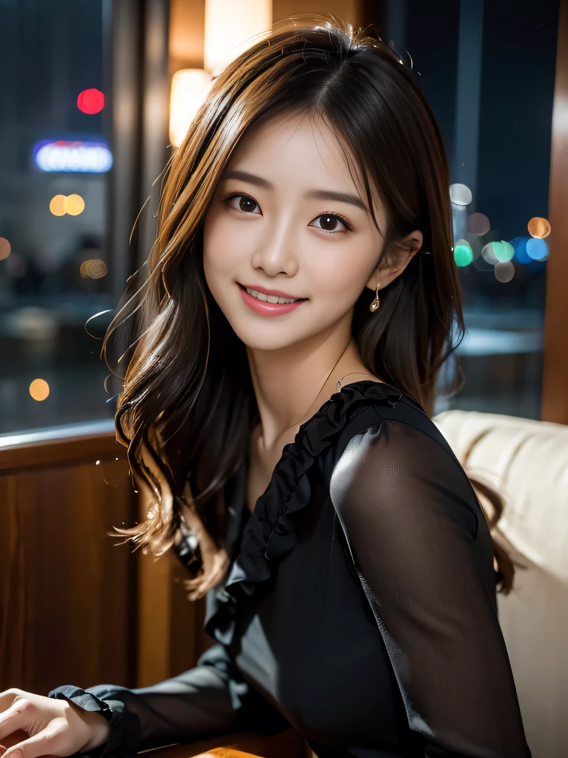 masterpiece, best quality, ultra-detailed, intricately detailed hyperdetailed, realistic, sharp features, highly detailed, sharp focus, Realistic, Photorealistic:1.3, perfect face, perfect symmetrically eyes, perfect full lips, hyper detailed, hyper realistic, high resolution, Taiwanese idol, Cute and sexy, fascinate, Beautiful Face, (Ruffle Black long sleeves dress:1.2), (Solid Slim A-line Party Dresses), light brown hair, Beautiful hairstyle, (Slightly open mouth), (naughty smile), hotel lounge, cinematic lighting,