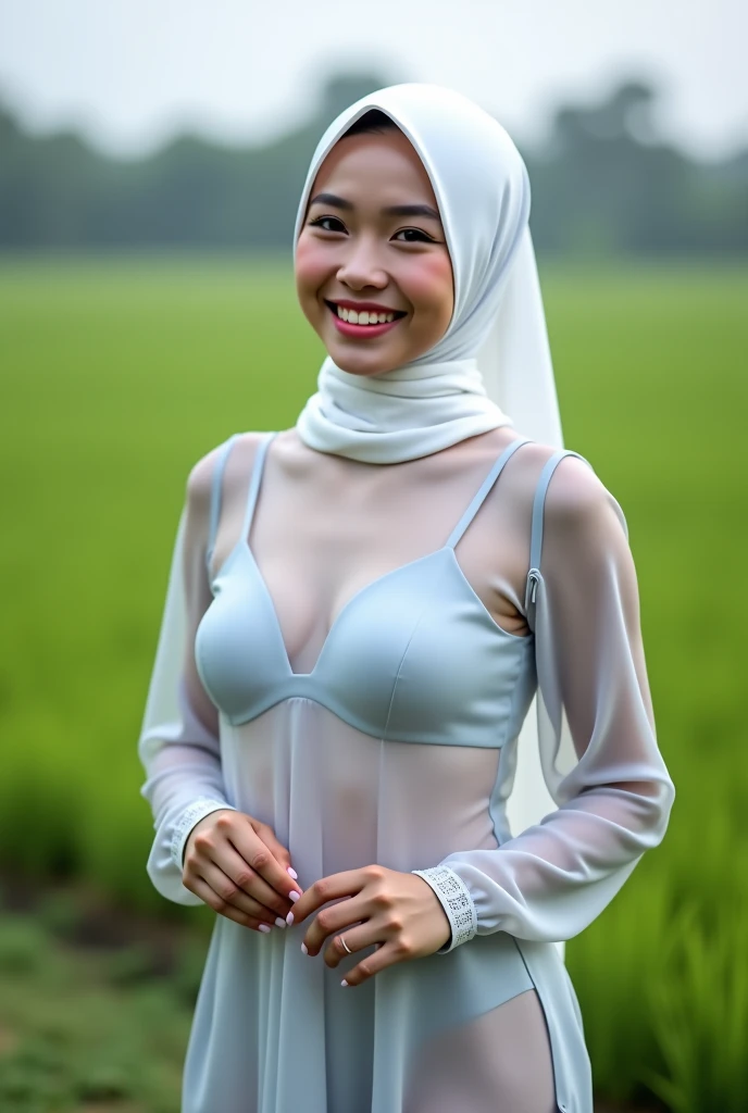 a hijab woman standing in the rain, photo realistic, indonesian woman