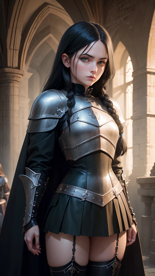 Ultra realistic girl 8 years old, body , long black hair frinje braided , knight armour medieval , seios planos , pantie , garterbelt meias longas , menacing face , sexy , dungeon .