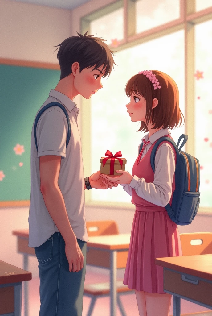 A boy with chashma, with a girl with beautiful eyes, a letter in his hand where write, " love you forever Tuba ", in a school room, 