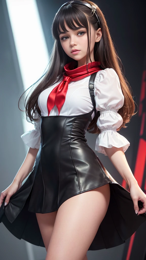 Photorealistic, high resolution, A Japanese Police woman named Kimmi, solo, heavy makeup, Hips up, (standing) (Detailed face), Black hair, Long hair, red and white corset, white lace Panties , Red micro skirt, fishnet Stockings. Fully clothed.