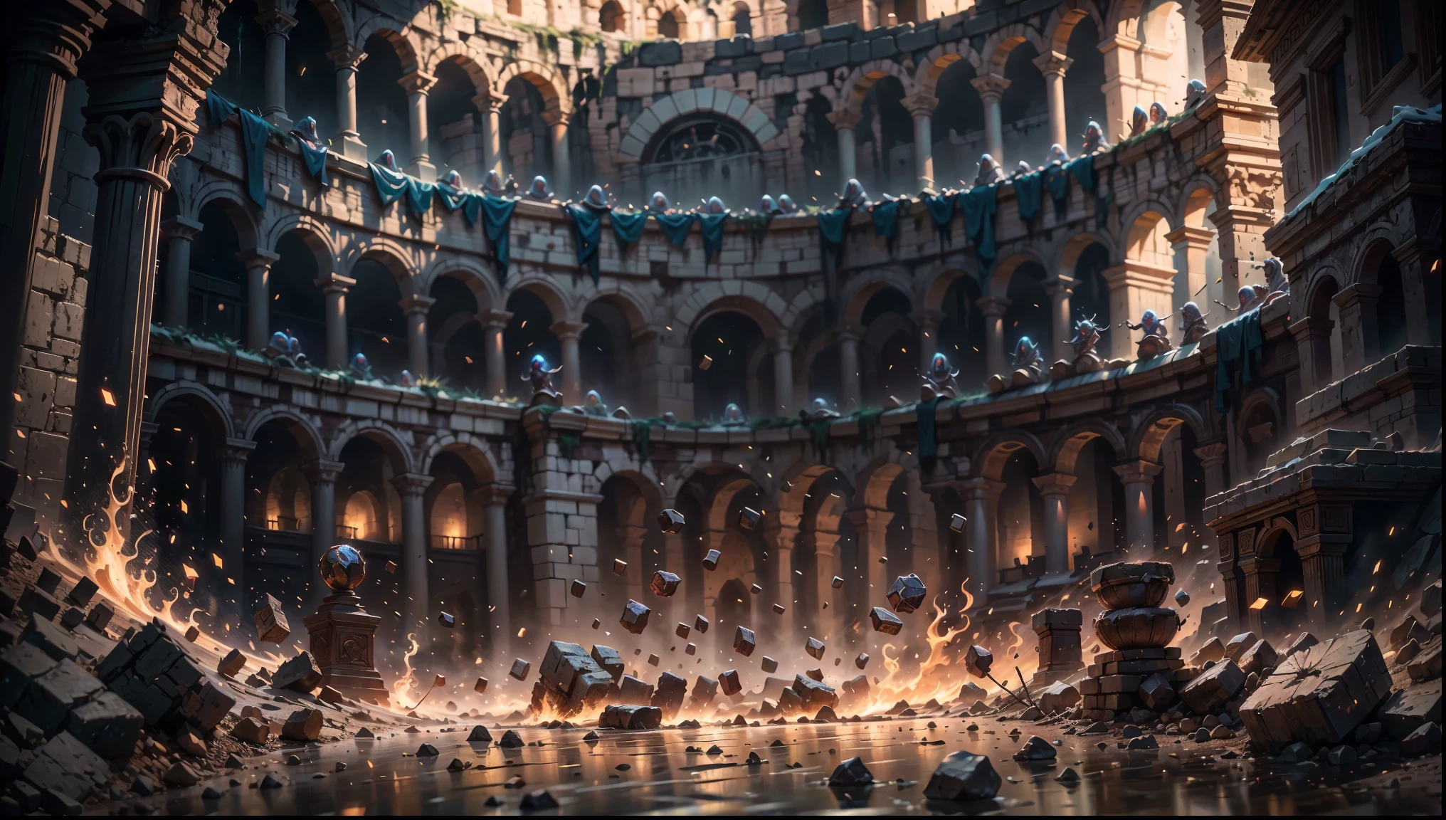 4K, Closeup of the Colosseum at dusk, with a portal in the middle , with magical-themed elements ,Western European style scene ,There are no monsters, World of Warcraft and League of Legends icons and symbols , stylized video game items ,League of Legends theme, Diablo conceptual art, HD,