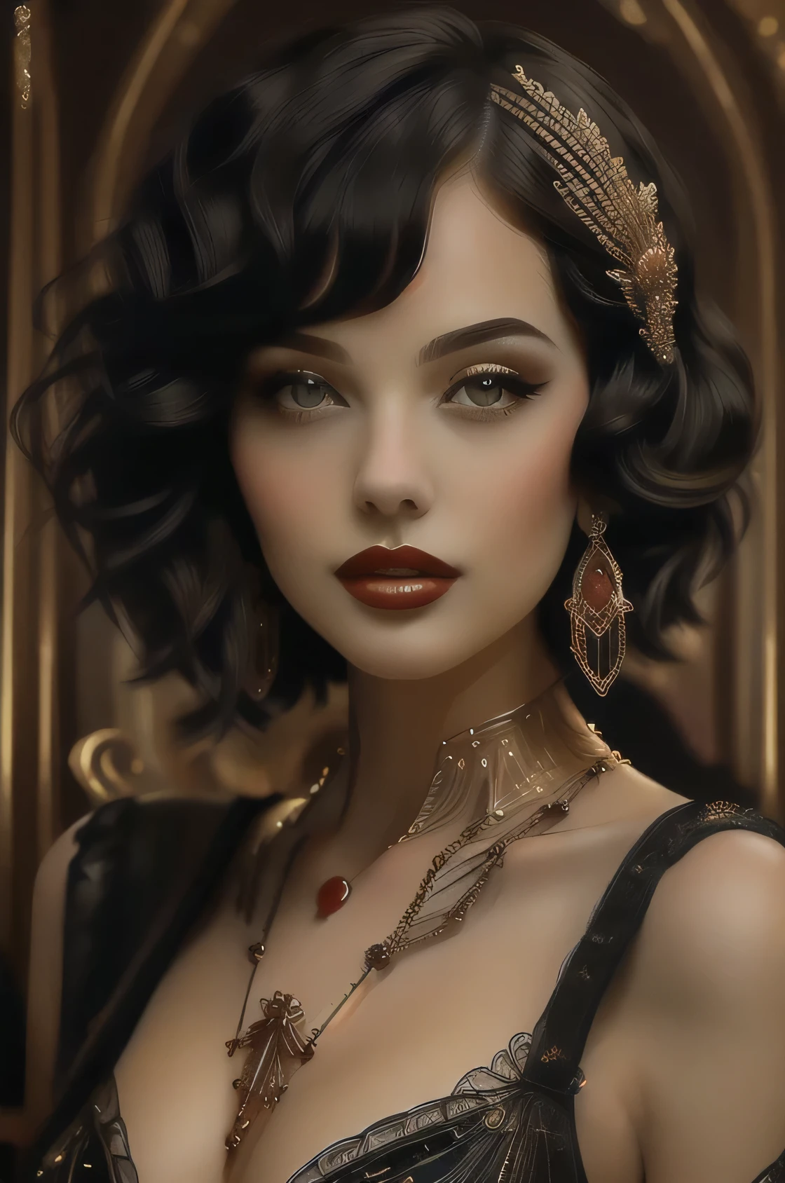 ( Masterpiece , better quality:1.2),beautiful, realistic, xcharleston style , 1girl, short hair, black hair, 1 malchik, dress, jewelry, earrings, dumb bangs, black dress, makeup, formal, suit, realistic
