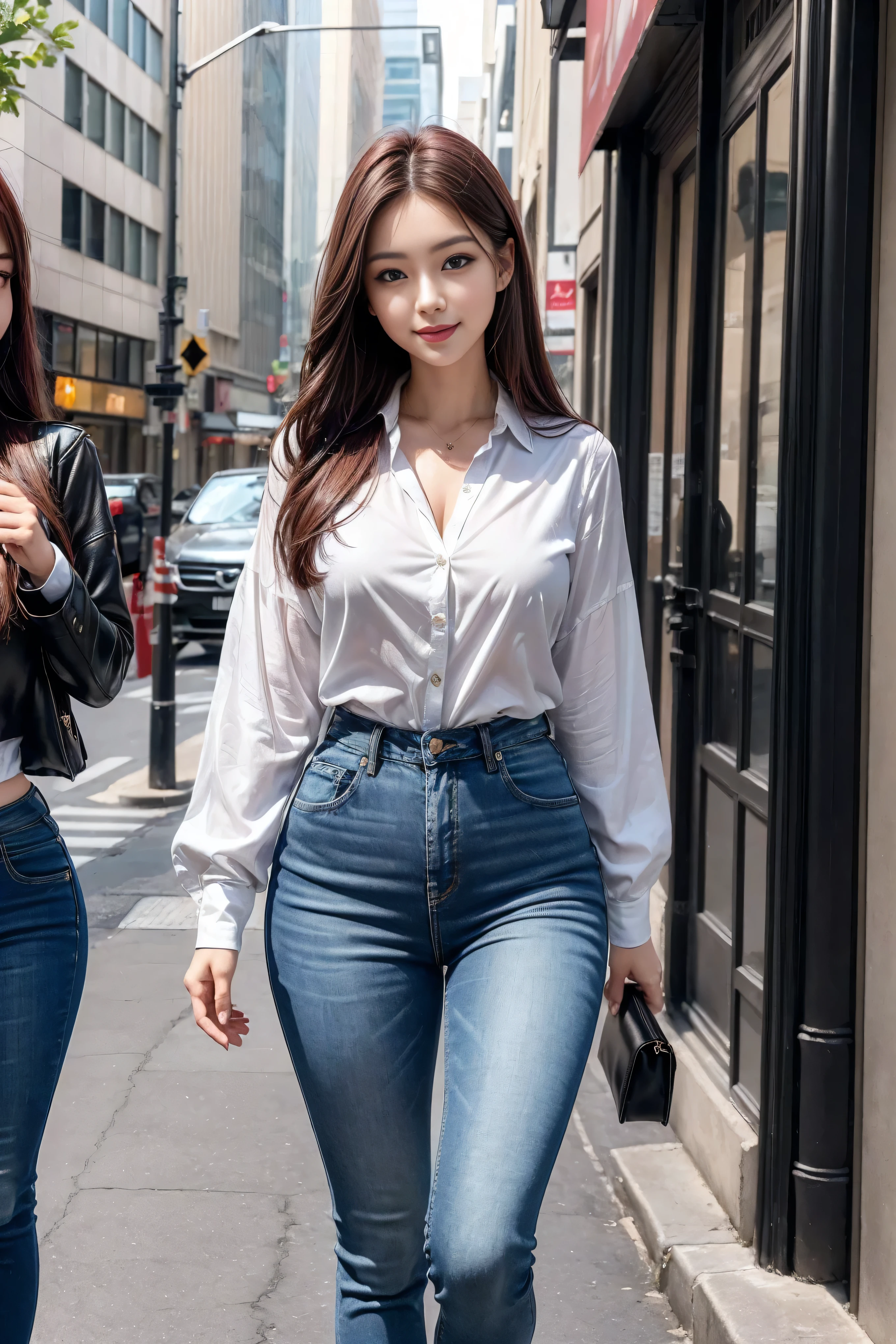 ((Realistic lighting, best quality, 8K, masterpiece:1.3)), Lock focus:1.2, 2 girls, Beautiful Women in Perfect Shape:1.4, : Beautiful Korean girl, Korean Idol，Leg length，(Pale skin), (big eyes),（Smile：0.8），（Plump and sexy lips）， Complex and detailed face, ((Super delicate skin))，Delicate face，Super thin face，Squinting，Double eyelids，((Dark red hair)), (Open collar shirt）,Background Shibuya street，Large depth of field，Super thin face，Squinting，Double eyelids，（Start from below：1.attitude，（Medium chest：1.2），Sexy long legs， （Thigh gap：1.5），Wide hips，S-Shaped Body， Hip lift，Leg length，Light blue skinny jeans，Full body proportions from the front，Long over-the-knee leather boots，