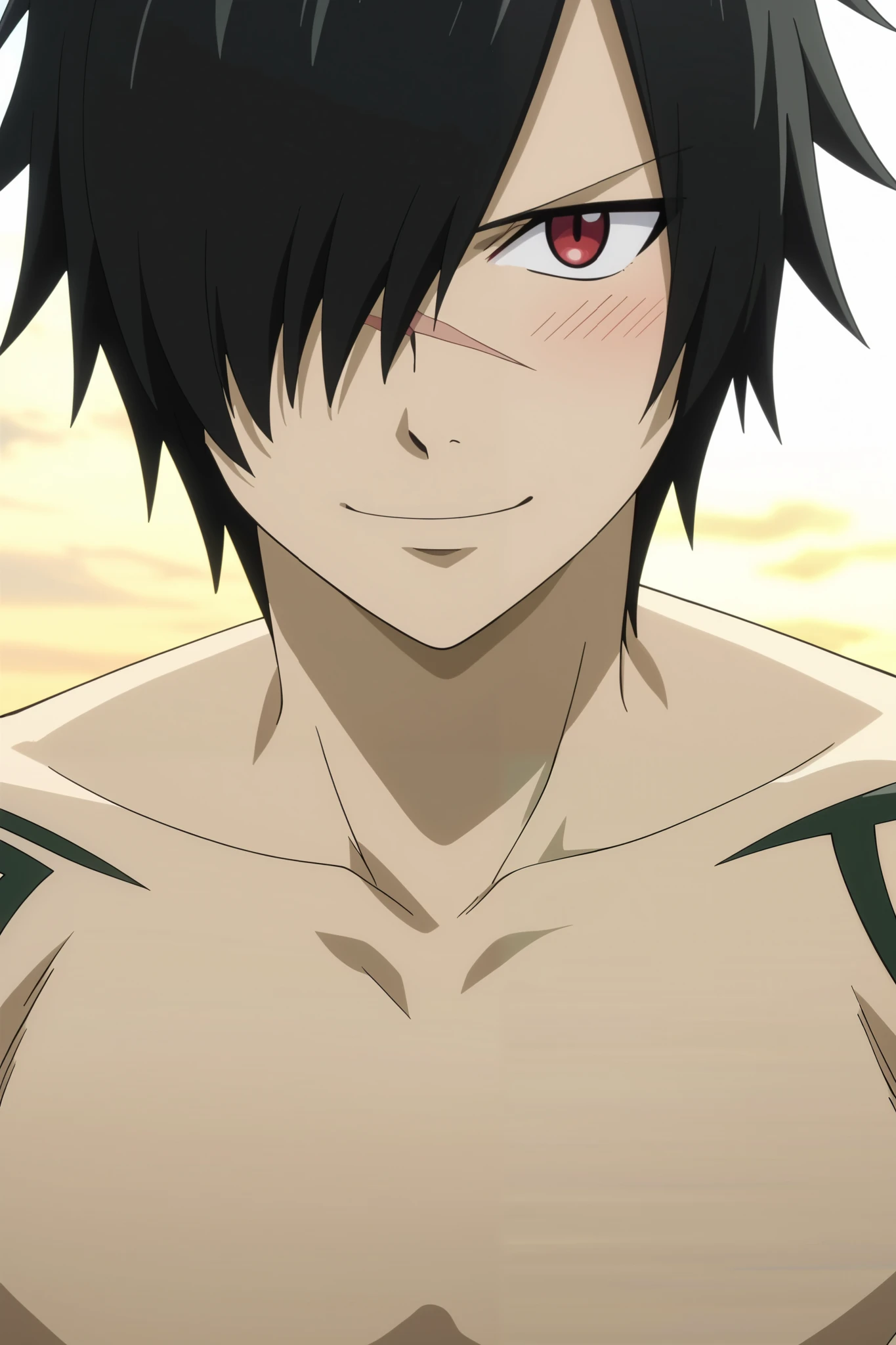 score_9, score_8_up, score_7_up, source_anime, rating_safe, rogue_cheney, black hair, red eyes, ponytail, hair over one eye, scar, tattoo, close-up, happy,, 1boy, male focus, anime screencap, best quality, official style, depth of field, looking at viewer, sky background with soft shadows, soft blue lighting highlighting his features, high-quality anime details, vivid colors, official style, Expressiveh, best quality, amazing quality, very aesthetic, high resolution, ultra-detailed, absurdres, newest, volumetric lighting, masterpiece, scenery, depth of field, BREAK, outdoors, beach, BREAK, male, solo, male focus, toned male, 'BREAK, standing, looking at viewer, BREAK, (shirtless), BREAK, (male swimwear, black trunks), thighs, BREAK ((smile, happy, blush, tender smile, tender expression))