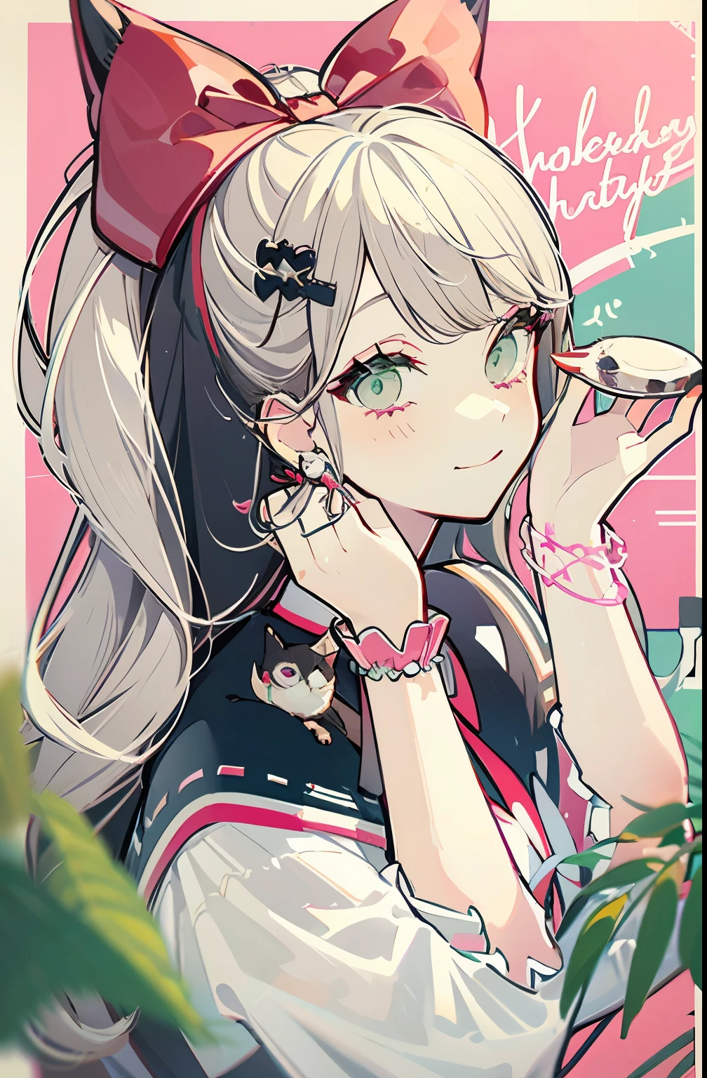 ( Masterpiece:1.2), top quality,Pixiv,sweet girl portrait, 1 girl, Alone, holding, above Decorati has , cat, hair ornament, earrings, jewelry, upper body, valentine, pink, hair clip, Watch Viewers , closed his mouth, bangs, shoulder out, , Grey Hair , Green Eyes , ribbon, braided, nail polish , shirt, wrist cuffs , OFF SHOULDER, hair ring, smile, long hair,sweet