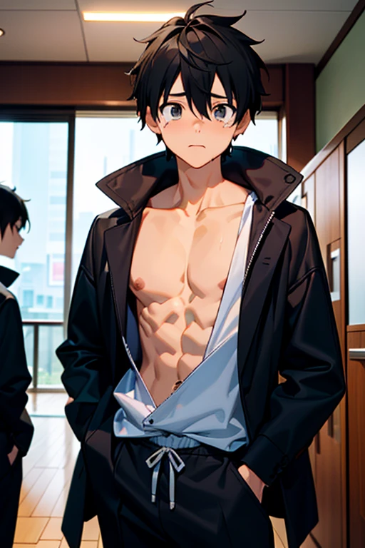 Anime boy ,Black hair,White skin ,Red eyes ,School photo frames ,Big cock makes pants bigger, Six pack ,Hoodie 