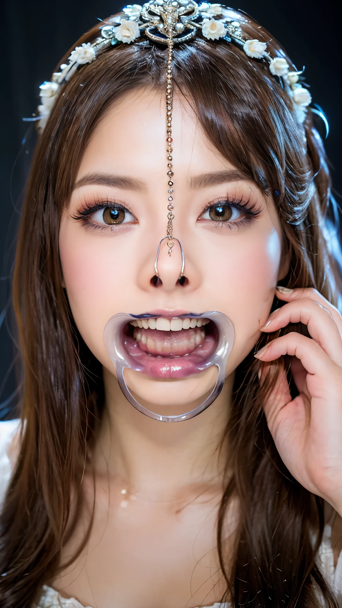a beautiful young girl, extremely detailed eyes and face, long eyelashes, perfect white teeth, pink eyeshadow, nose hook piercing, wide open mouth, elegant, delicate, serene, flawless skin, ornate jewelry, detailed ornate headpiece, intricate makeup, 8K, hyper detailed, photorealistic, cinematic lighting, dramatic colors, fantasy art