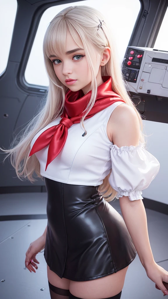 Excellent, masterpiece, white hair, golden eyes, red nurse suit, looking up, hair, fair skin, side braids, supine position, legs open, clothes bulging