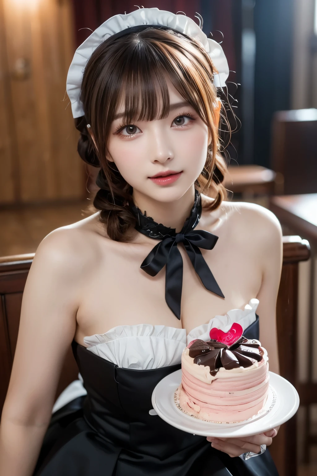 Valentine's Day, in maid-concept cafe, cute and vivid decorations on the walls, sunshine, maid, servant, get to feed me a nice chocolate cake, wearing pink gothic ta fashion, mouth wide open, pampered expression, lovey-dovey, shiny light red and pastel rouge hair, pompadour hairstyle, twisted bangs, hair is shaggy and dishevelled, silver eyeblow, glamorous figure, exposed shoulder, leaning forward, beautiful white-colored translucent skin, vivid makeup, {photorealistic}, {4K resolution}, {cinematic}, {dramatic}