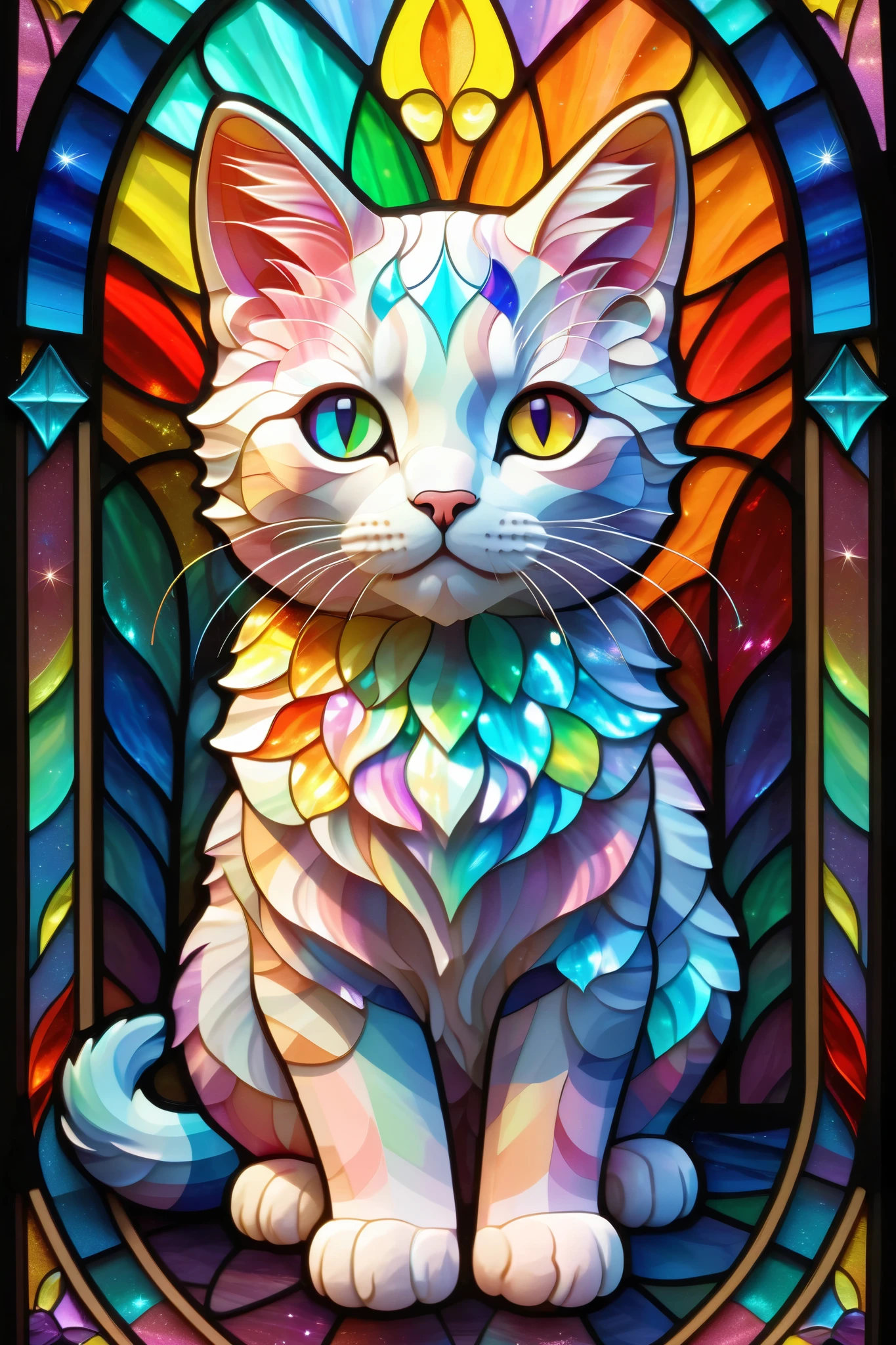 Cute Cat,whole body, Rainbow Color ,3d, Sparkling, shines brightly, Stained Glass Window , stained glass window frame, symmetrical design , stained glass style, Pastel Color Schemes, Hi-Res, top quality, very detailed that , Glitter Effect ,