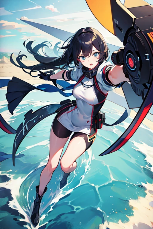 Smile of the highest quality, masterpiece, ultra high resolution, (photorealistic: 1.4), highly detailed and professional lighting. Surf in the beautiful sea, wear a bikini and run your body with sweat. Korean model, black bikini, sheer T-shirt, white t-shirt with large upper body, surfer, surfing, aerial, big wave,