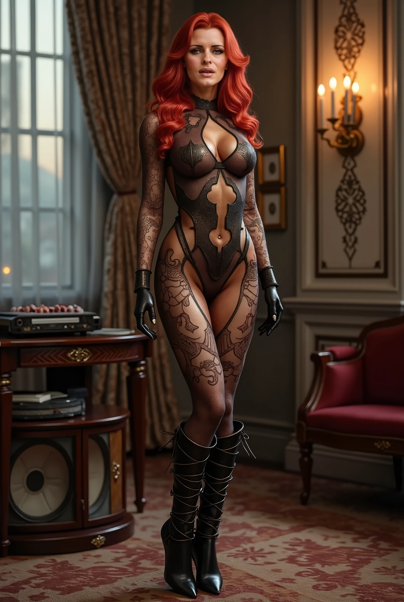 A dark elf (Beverly Crusher, age 30), pale white skin, large pointy ears, blood red eyes, large evil tattoos, sheer black lingerie, posing sultry in her summoning chamber, entire body, (best quality,4k,8k,highres,masterpiece:1.2),ultra-detailed,(realistic,photorealistic,photo-realistic:1.37),dark fantasy, chiaroscuro lighting, moody atmosphere, intricate details, dramatic lighting, cinematic composition