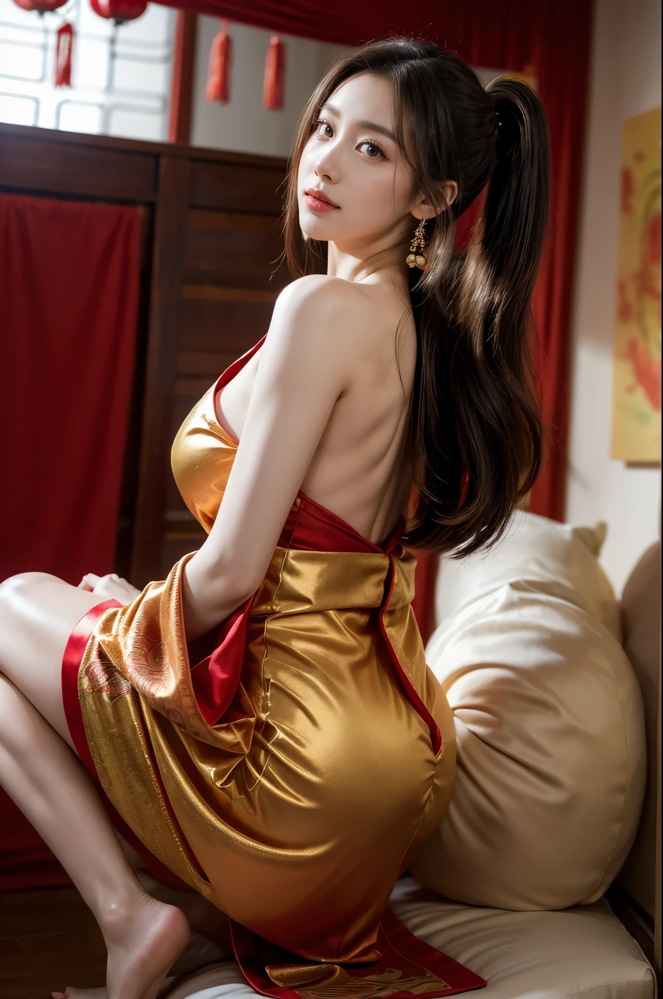 ((best quality)), ((masterpiece)), (detailed), perfect face，Woman lying on bed in underwear，Hold hands with each other, wearing a Red cheongsam, Gorgeous Chinese model, 穿着Red衣服, cheongsam, mesmerizing and seductive, sexy pose, gas station trends, Chinese style, attractive pose, A variety of seductive poses, Red, Hungry Ghost Festival, China costume，delicate face，HD，Super fine，European style hall