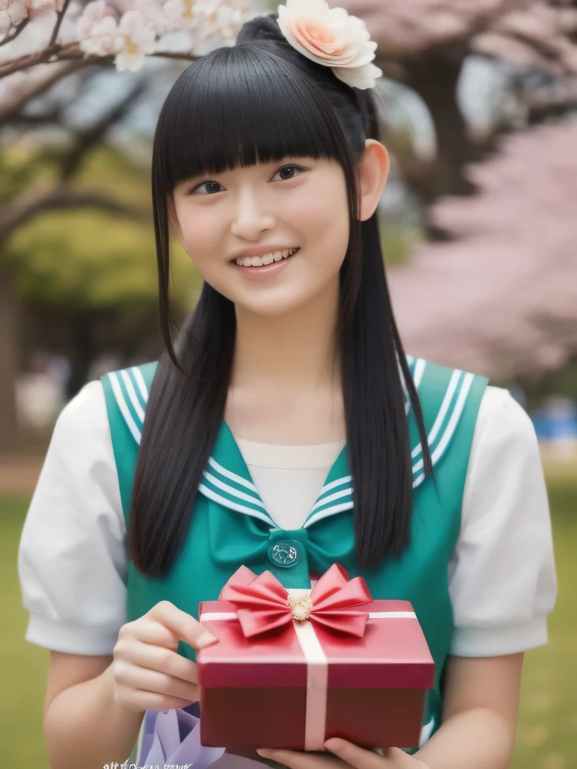 A stunningly beautiful 20-year-old woman stands in a lush green park full of cherry blossoms in full bloom under a clear blue sky. She is wearing a classic sailor uniform and holds a neatly wrapped gift box with a red ribbon in both hands in front of her chest. The box is small, wrapped in decorative paper, and tied with a bow. She looks very happy, with a radiant and joyful expression.A stunningly beautiful 20-year-old woman stands in a lush green park full of cherry blossoms in full bloom under a clear blue sky. She is wearing a classic sailor uniform and holds a neatly wrapped gift box with a red ribbon in both hands in front of her chest. The box is small, wrapped in decorative paper, and tied with a bow. She looks very happy, with a radiant and joyful expression.