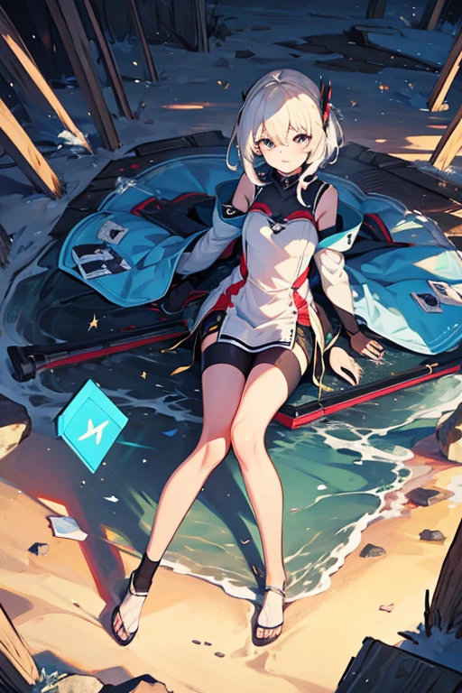 ((Best illustration)), super clear and delicate, lying position, loli style, white hair, clear eyes, small body, big breasts, with leg rings.