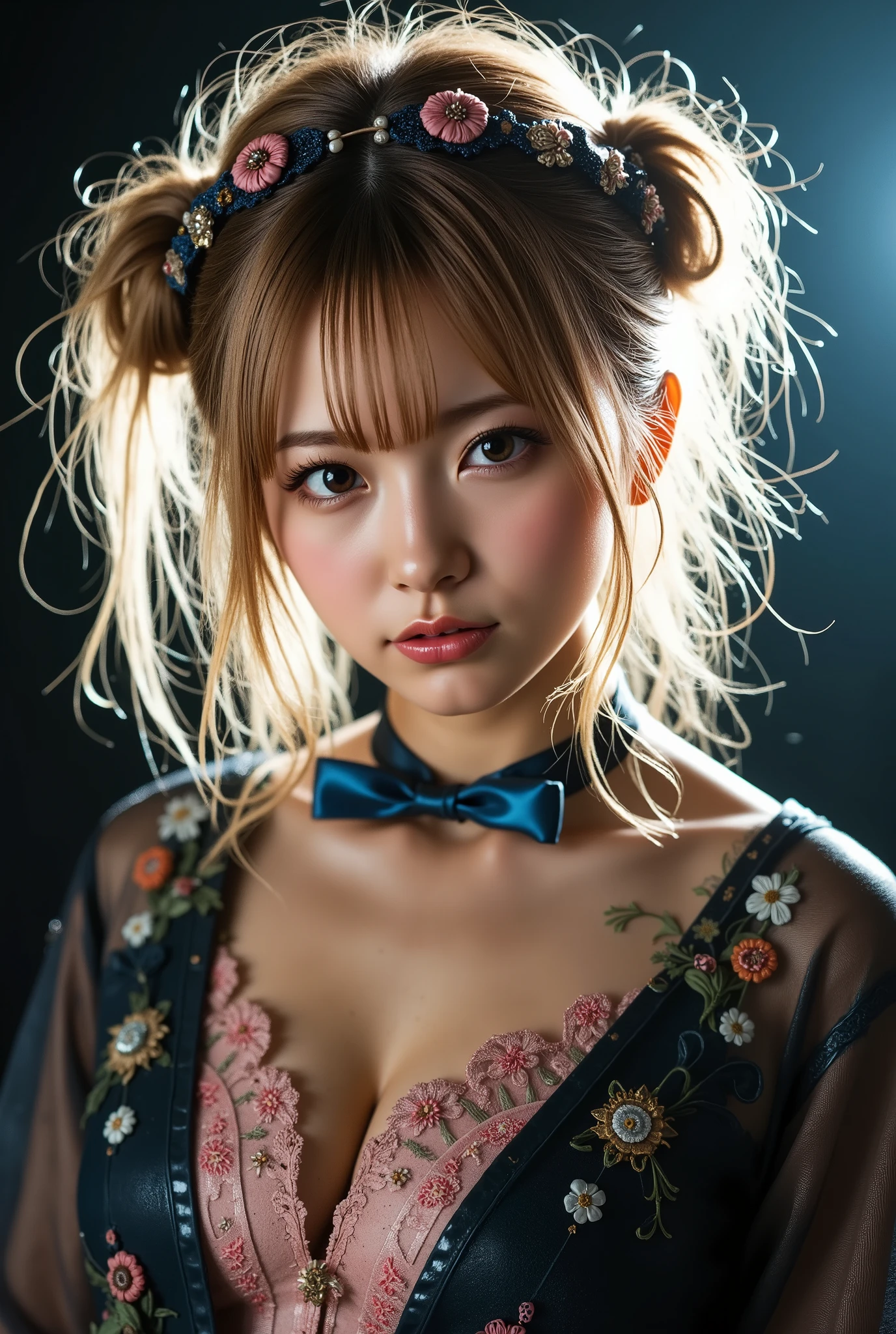 128k Female Models , Huge breasts, Eyes, ((Random short hairstyles)), High resolution , Upper body, No background, Studio Lightning , Beautiful blonde woman, with wax dress melting and dripping down the body (masterpiece: 1.2), (best quality), 4k, ultra-detailed, (dynamic composition: 1.4), highly detailed, colorful details, (iridescent colors: 1.2), (bright lighting, atmospheric lighting), dreamy, magical, (solo: 1.2) ((Candy Blue Shiny Metal Satin, Pink bow tie and bold satin shirt)) randam angle ((upper body))A fusion of Ainu traditional attire, and Gothic ta fashion, featuring a whimsical blend of intricate embroidery, lace, and Victorian-inspired elements, Clothing that has deteriorated over time, The outfit consists of a robe-like garment called an 'attush' made from intricately woven fabric, adorned with intricate geometric patterns. She also wears a 'kaparamip' headband with decorative embroidery. The clothing is rich in earthy tones like browns, reds, and green cute and dark charm of wearing hyper puffy blue。lightly dressed、Mass sweat、suns、Hot、Light brown eyes、1girll、Innocence、(Photorealsitic)、(intricate detailes:1.2)、(masterpiece、:1.3)、(top-quality:1.4)、(超A high resolution:1.2)、超A high resolution、(A detailed eye)、(detailed facial features)、nffsw、8K resolution、(lensflare:0.7)、LATEX Busy with inspection reports、Face Buyer ((Clear Glossy Molded Clear Plastic Catsuit,latexsuit